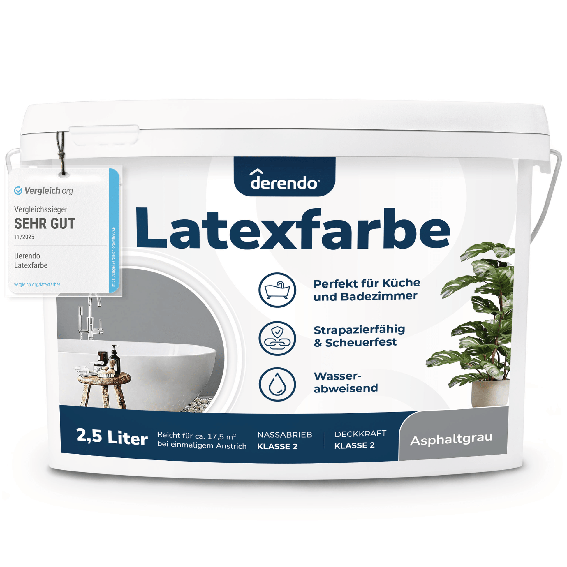 Derendo Wandfarbe Latexfarbe Asphaltgrau Matt abwaschbar in 2.5 Liter – Produktbild von Derendo