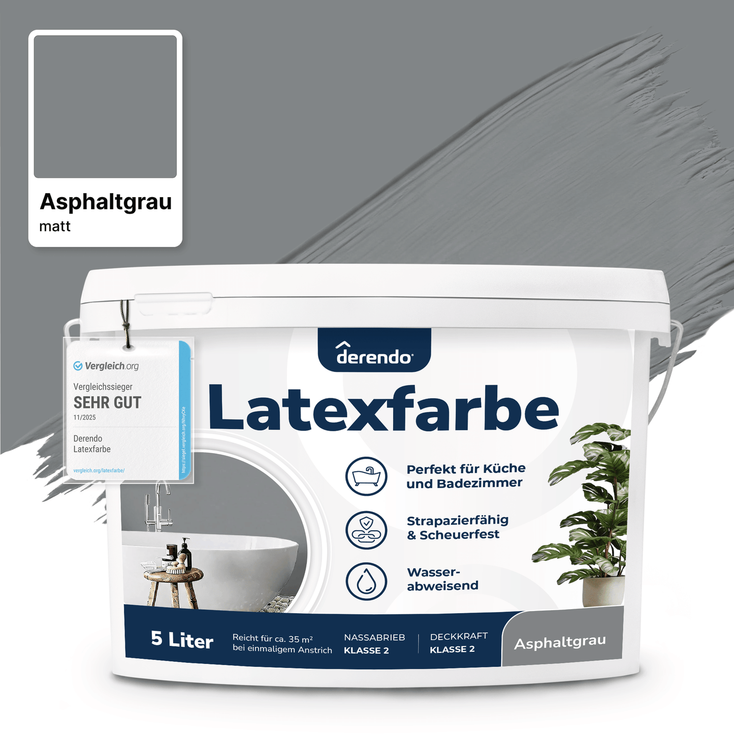 Derendo Wandfarbe Latexfarbe Asphaltgrau Matt abwaschbar in 5 Liter – Produktbild von Derendo