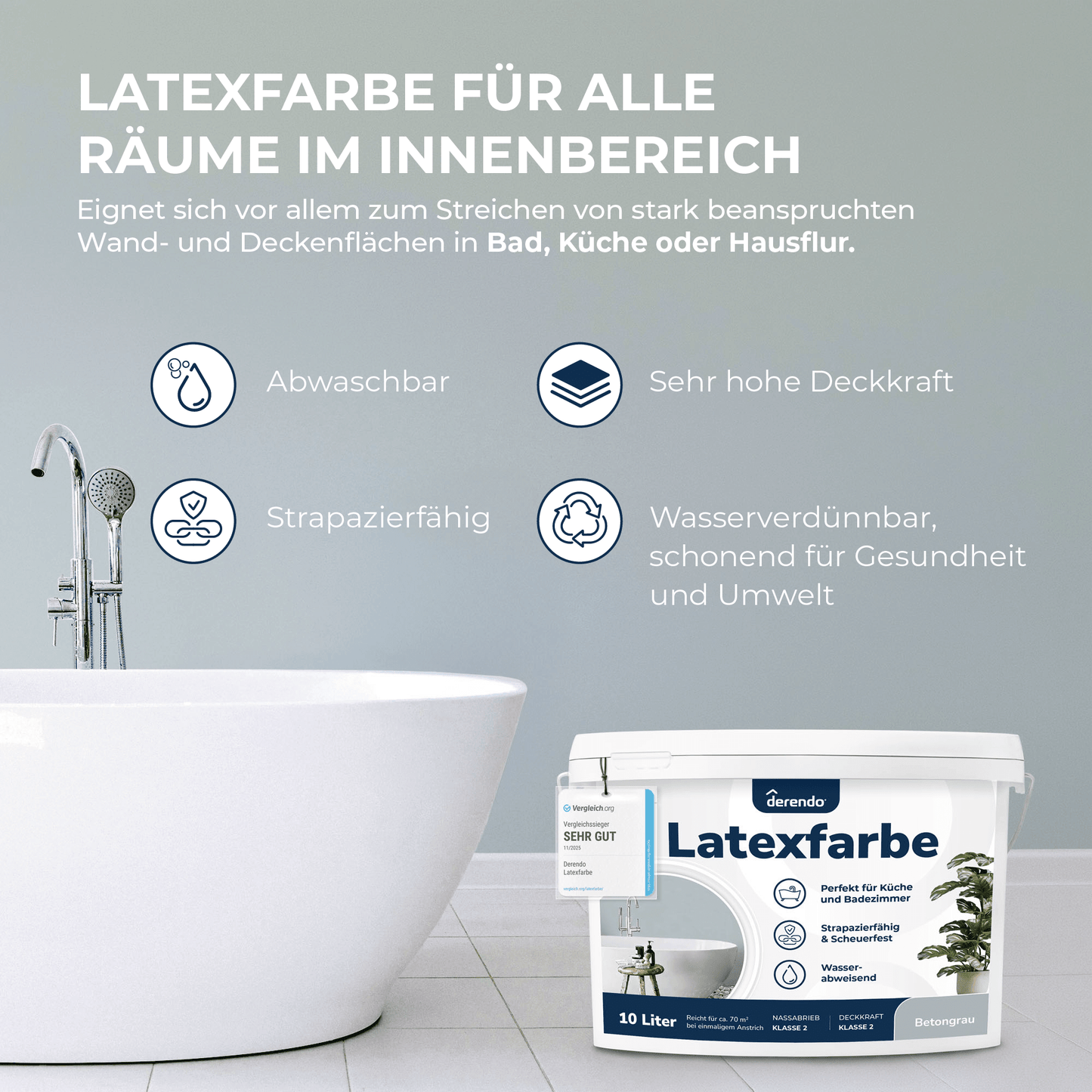 Derendo Wandfarbe Latexfarbe Betongrau Matt abwaschbar in 10 Liter – Produktbild von Derendo