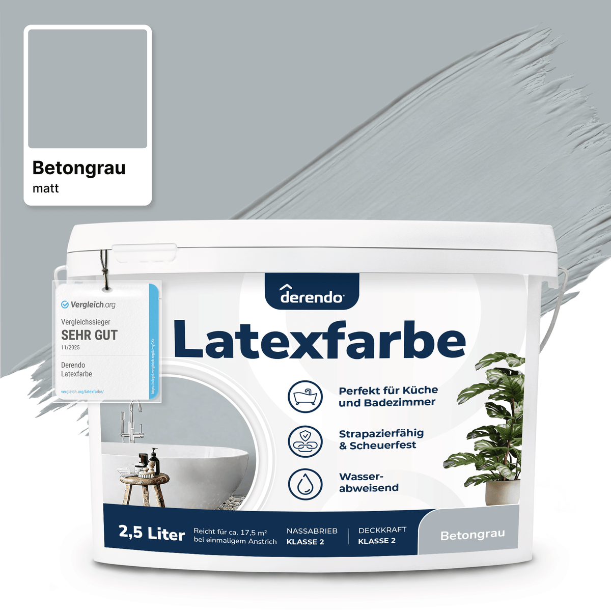 Derendo Wandfarbe Latexfarbe Betongrau Matt abwaschbar in 2.5 Liter – Produktbild von Derendo