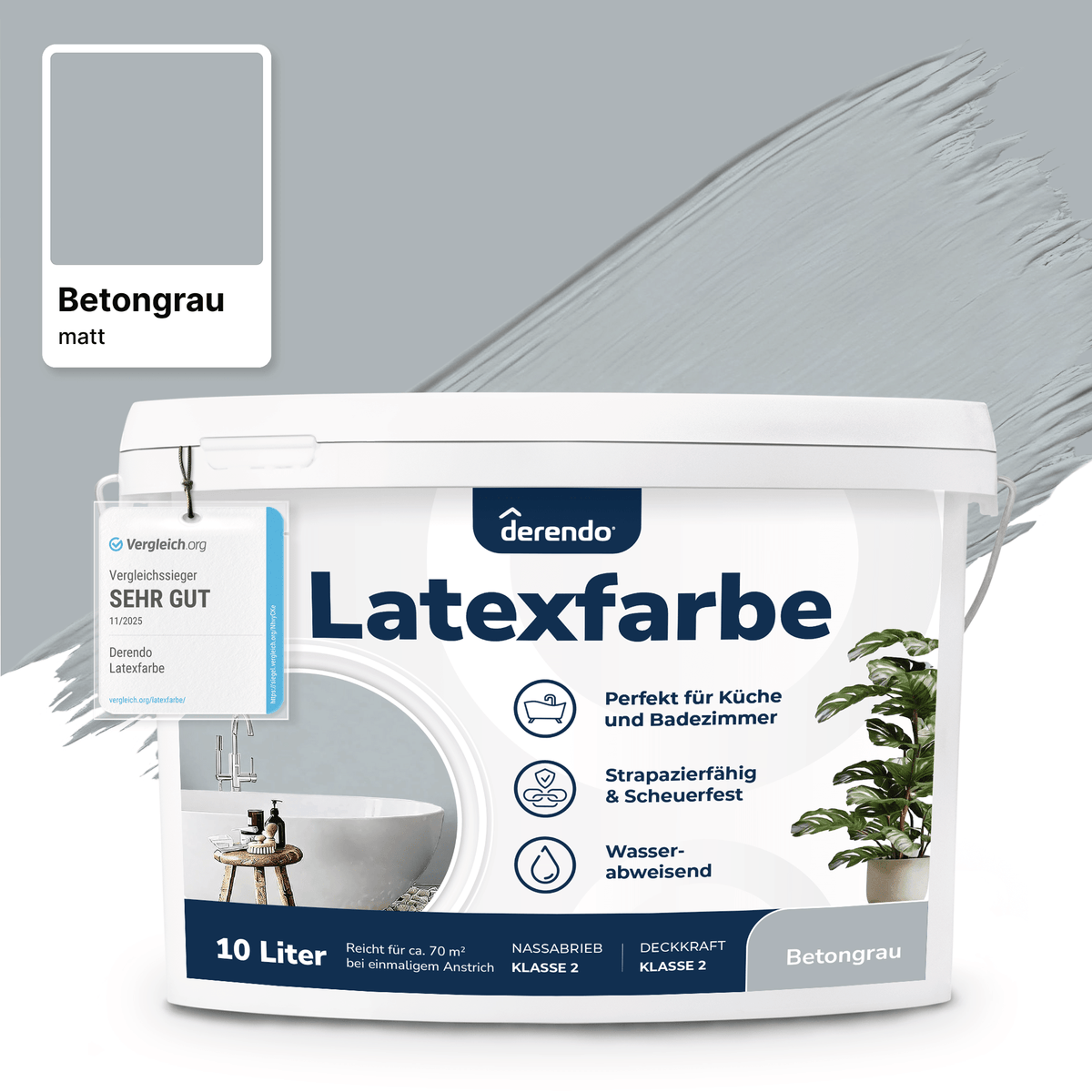 Derendo Wandfarbe Latexfarbe Betongrau Matt abwaschbar in 2.5 Liter – Produktbild von Derendo