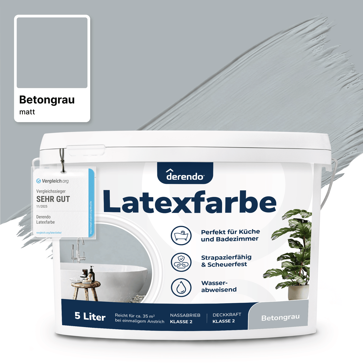Derendo Wandfarbe Latexfarbe Betongrau Matt abwaschbar in 5 Liter – Produktbild von Derendo