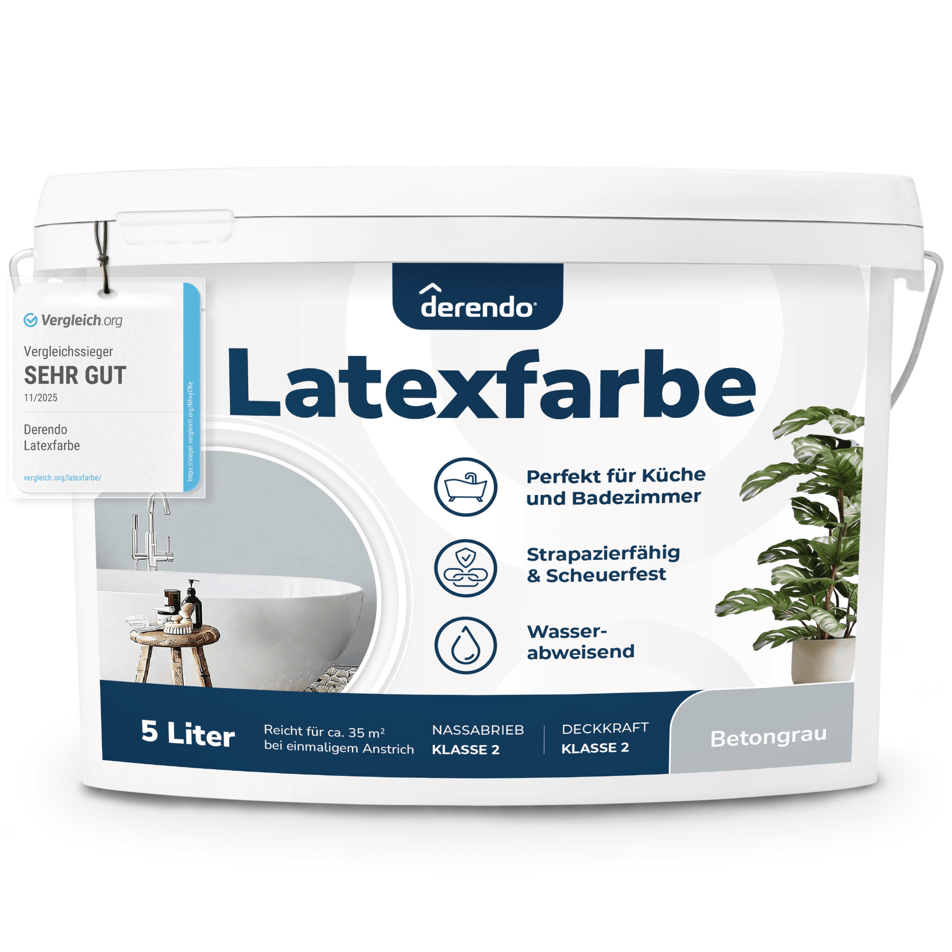 Derendo Wandfarbe Latexfarbe Betongrau Matt abwaschbar in 5 Liter – Produktbild von Derendo