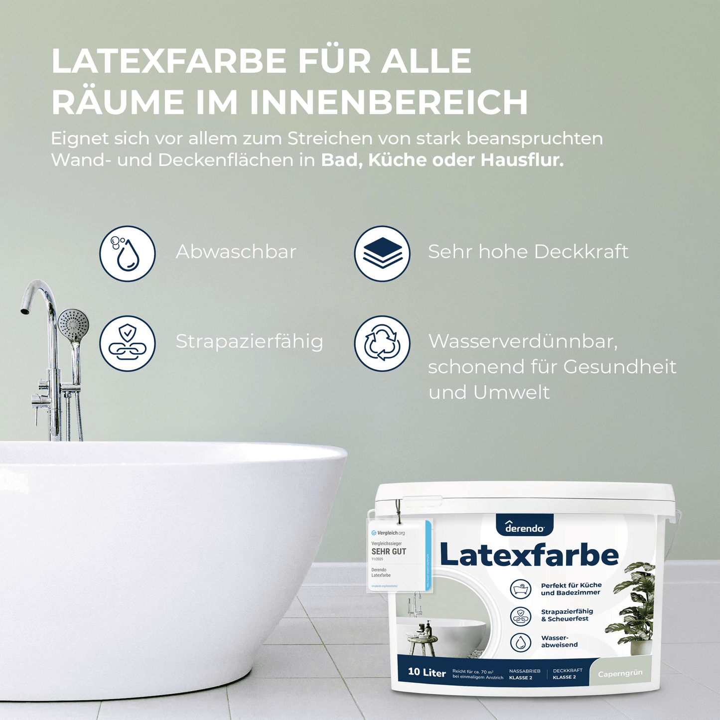 Derendo Wandfarbe Latexfarbe Caperngrün Matt abwaschbar in 10 Liter – Produktbild von Derendo