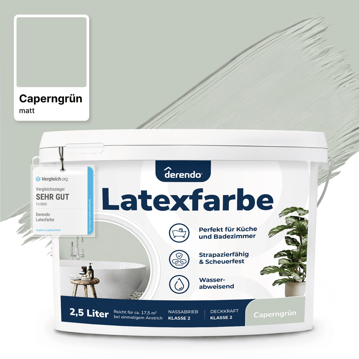 Derendo Wandfarbe Latexfarbe Caperngrün Matt abwaschbar in 2.5 Liter – Produktbild von Derendo