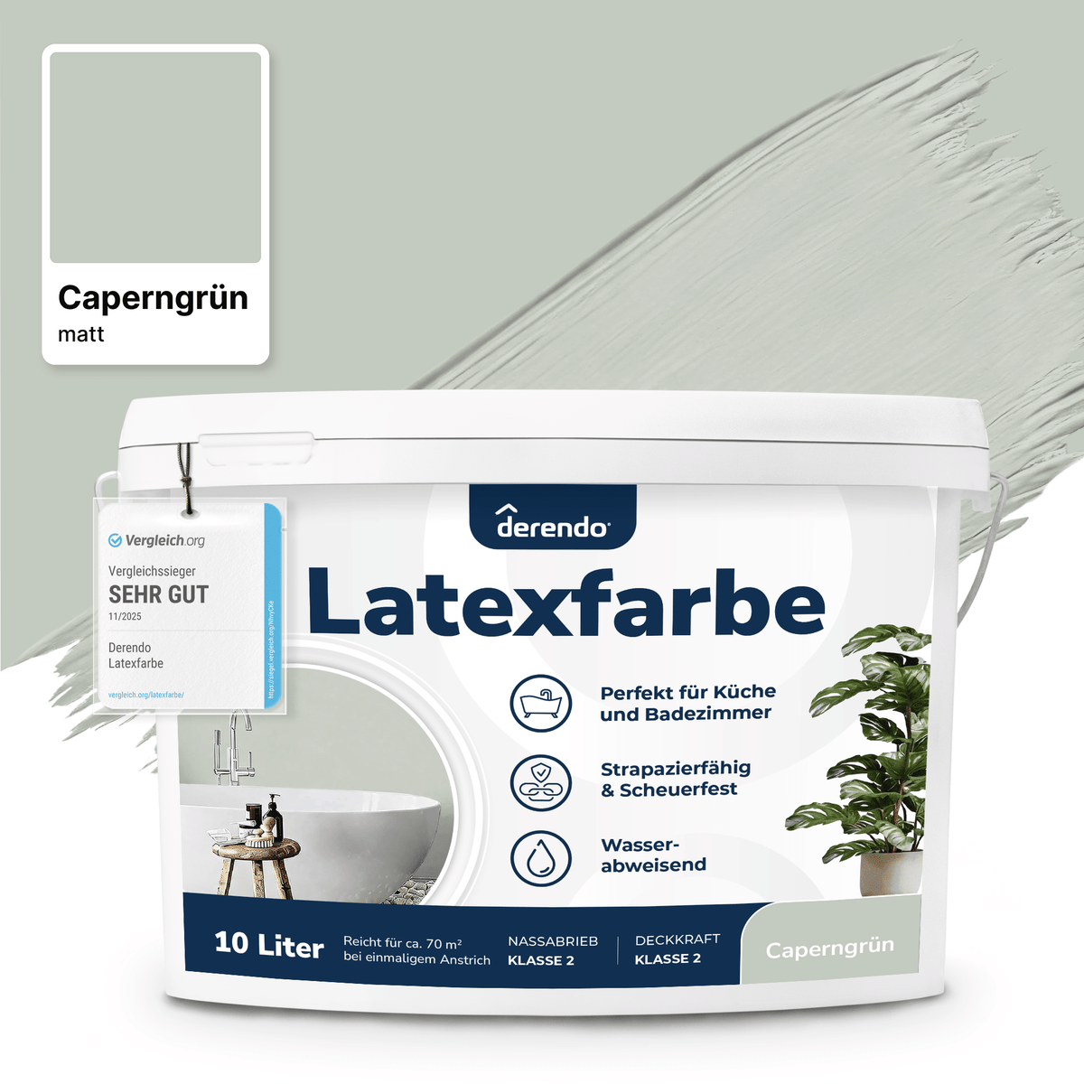 Derendo Wandfarbe Latexfarbe Caperngrün Matt abwaschbar in 2.5 Liter – Produktbild von Derendo