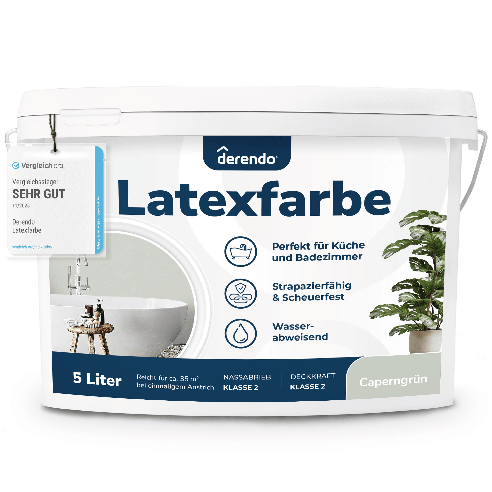 Derendo Wandfarbe Latexfarbe Caperngrün Matt abwaschbar in 5 Liter – Produktbild von Derendo