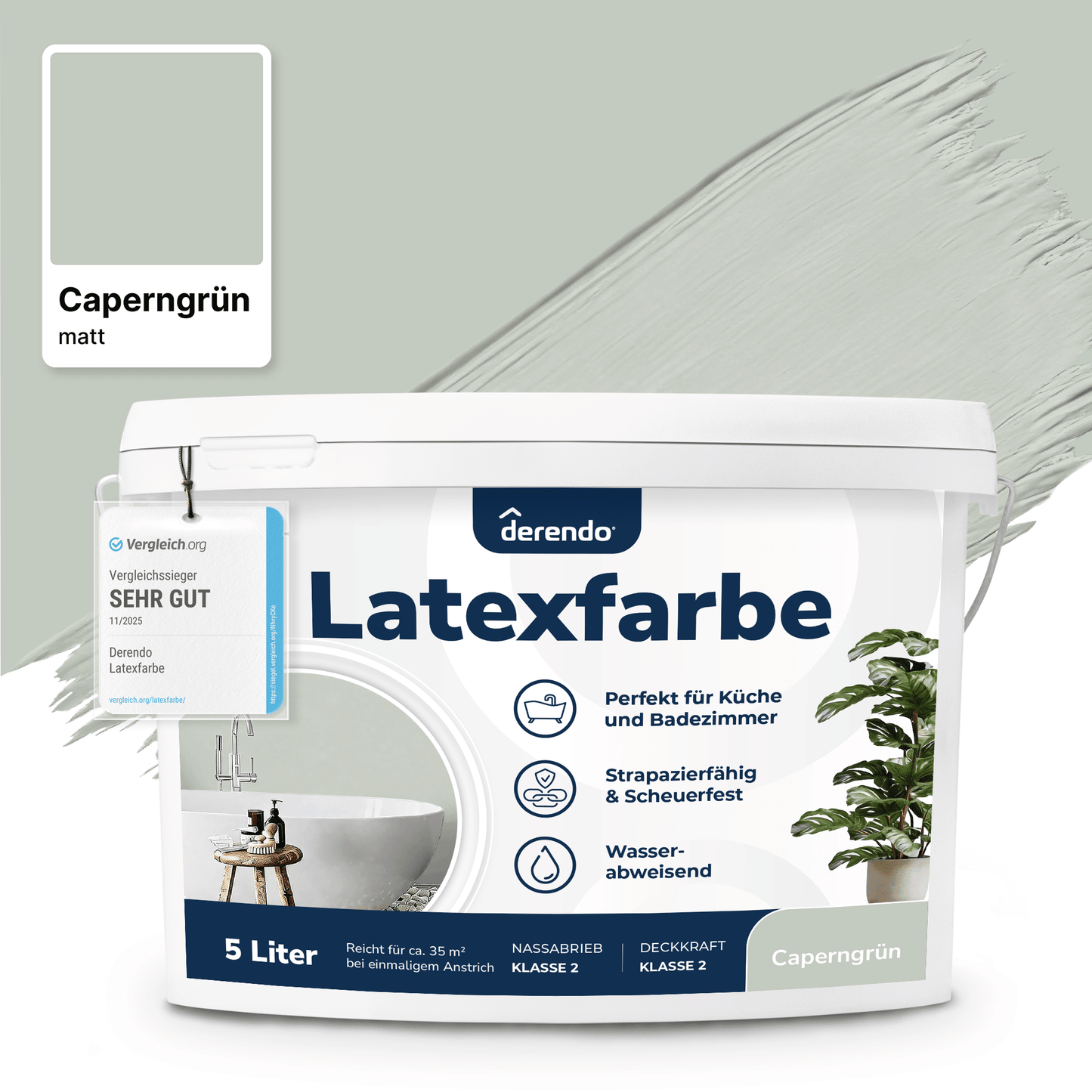 Derendo Wandfarbe Latexfarbe Caperngrün Matt abwaschbar in 5 Liter – Produktbild von Derendo