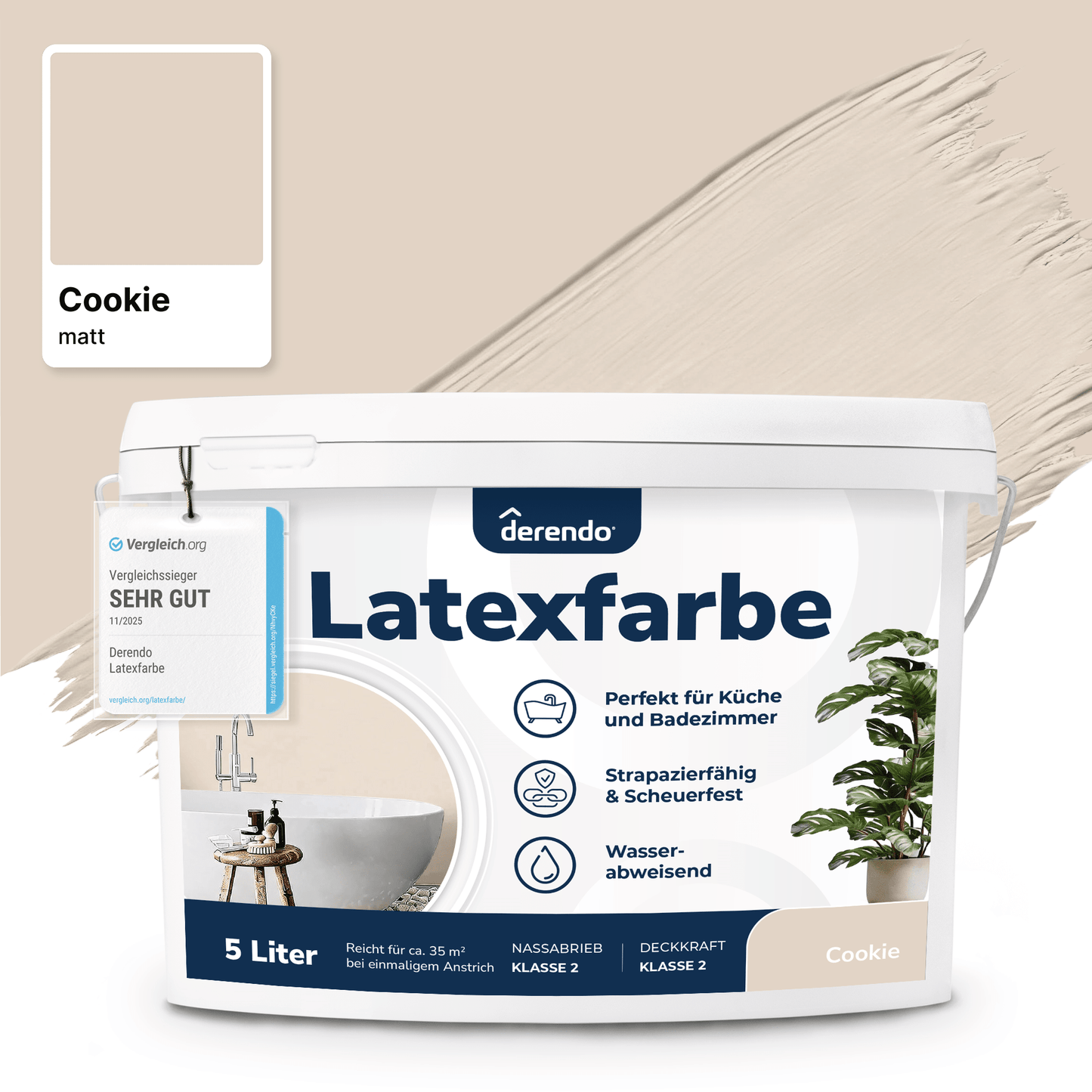 Derendo Wandfarbe Latexfarbe Cookie Matt abwaschbar in 5 Liter – Produktbild von Derendo