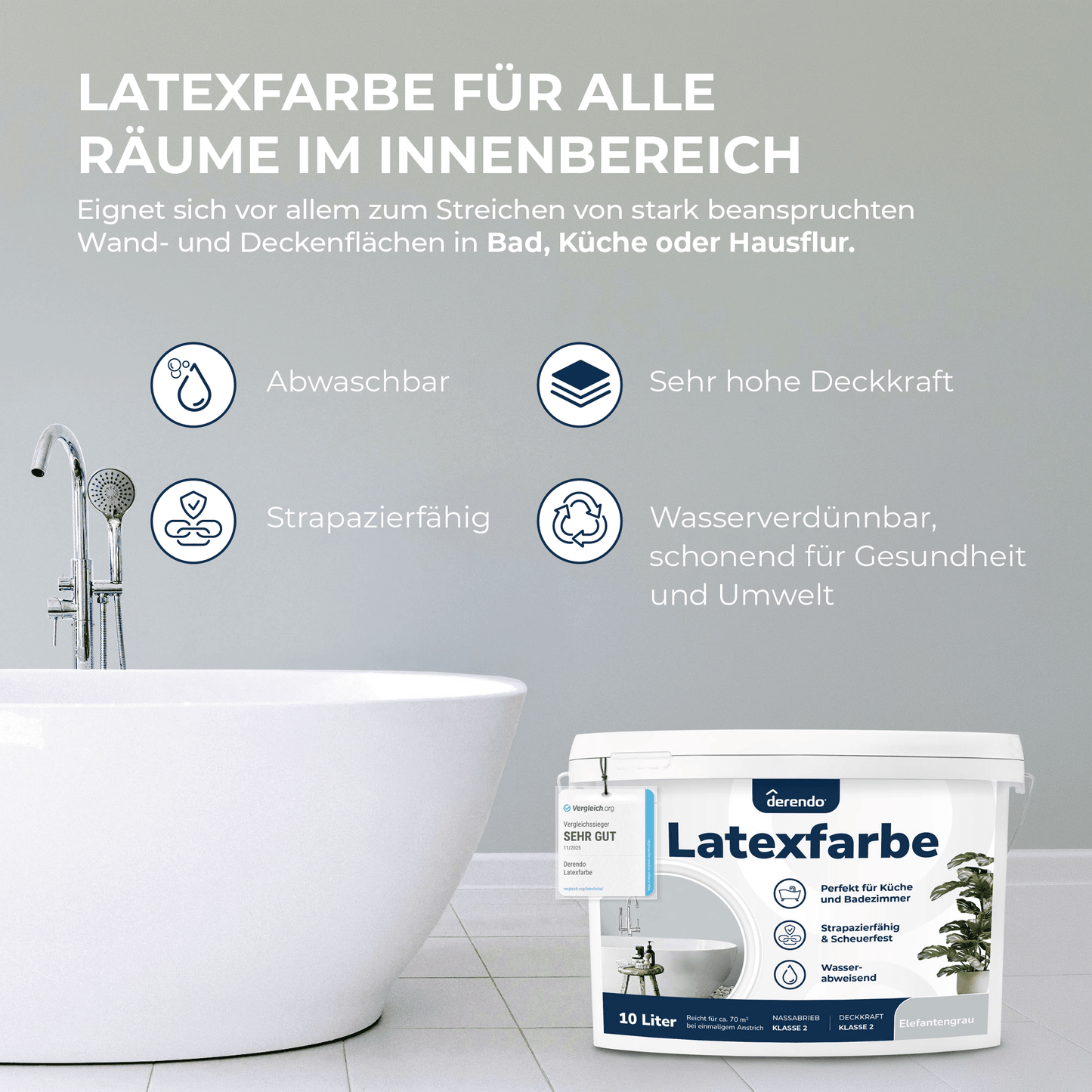 Derendo Wandfarbe Latexfarbe Elefantengrau Matt abwaschbar in 10 Liter – Produktbild von Derendo