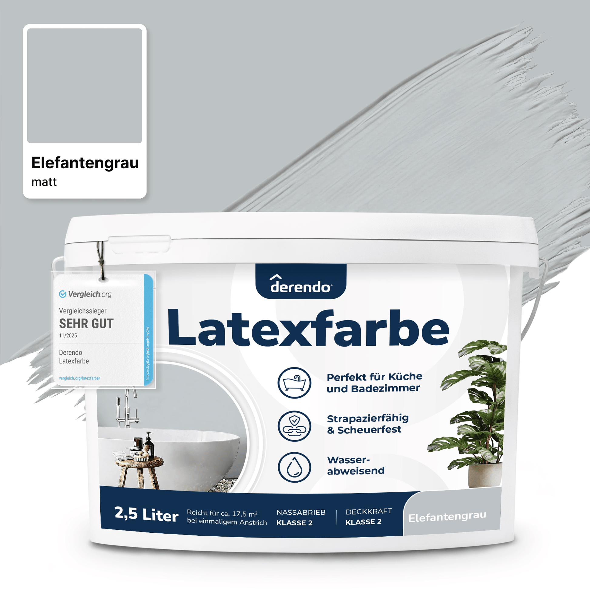 Derendo Wandfarbe Latexfarbe Elefantengrau Matt abwaschbar in 2.5 Liter – Produktbild von Derendo