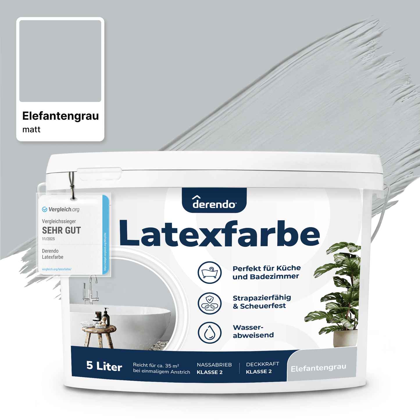 Derendo Wandfarbe Latexfarbe Elefantengrau Matt abwaschbar in 5 Liter – Produktbild von Derendo