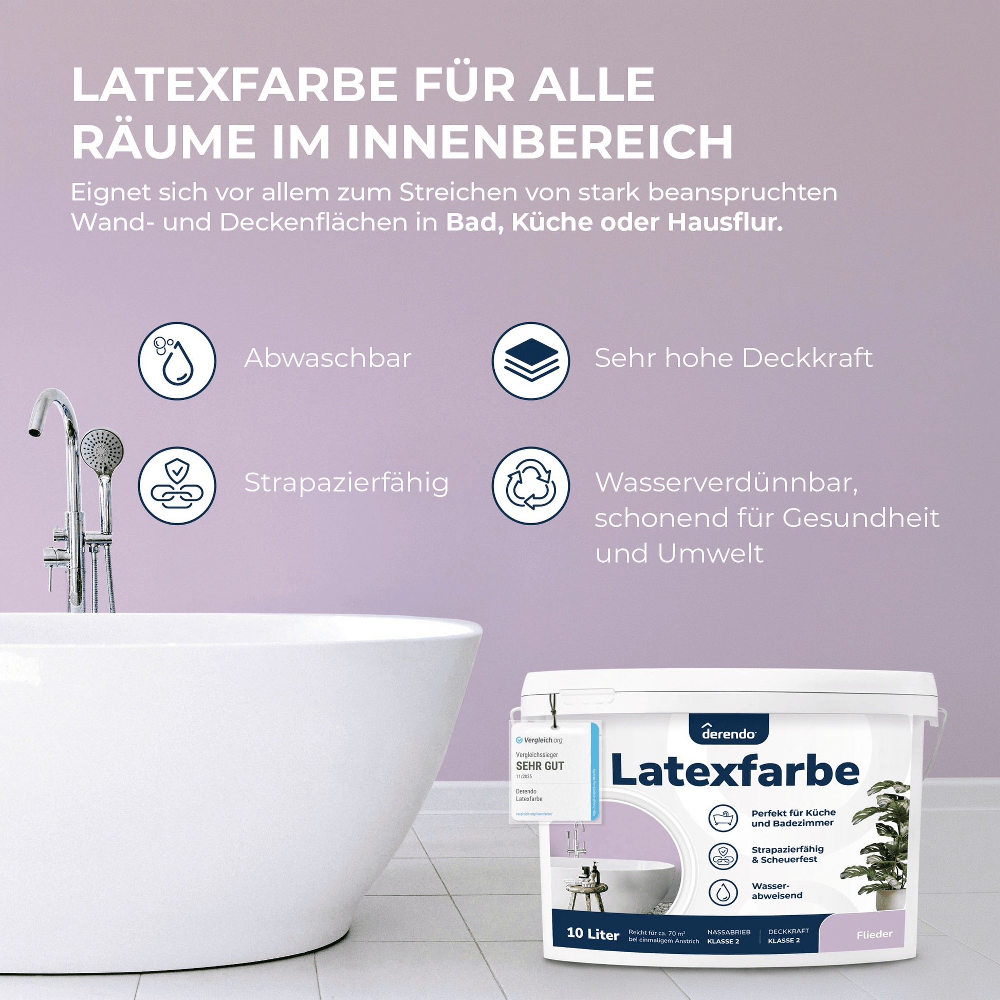 Derendo Wandfarbe Latexfarbe Flieder Matt abwaschbar in 10 Liter – Produktbild von Derendo
