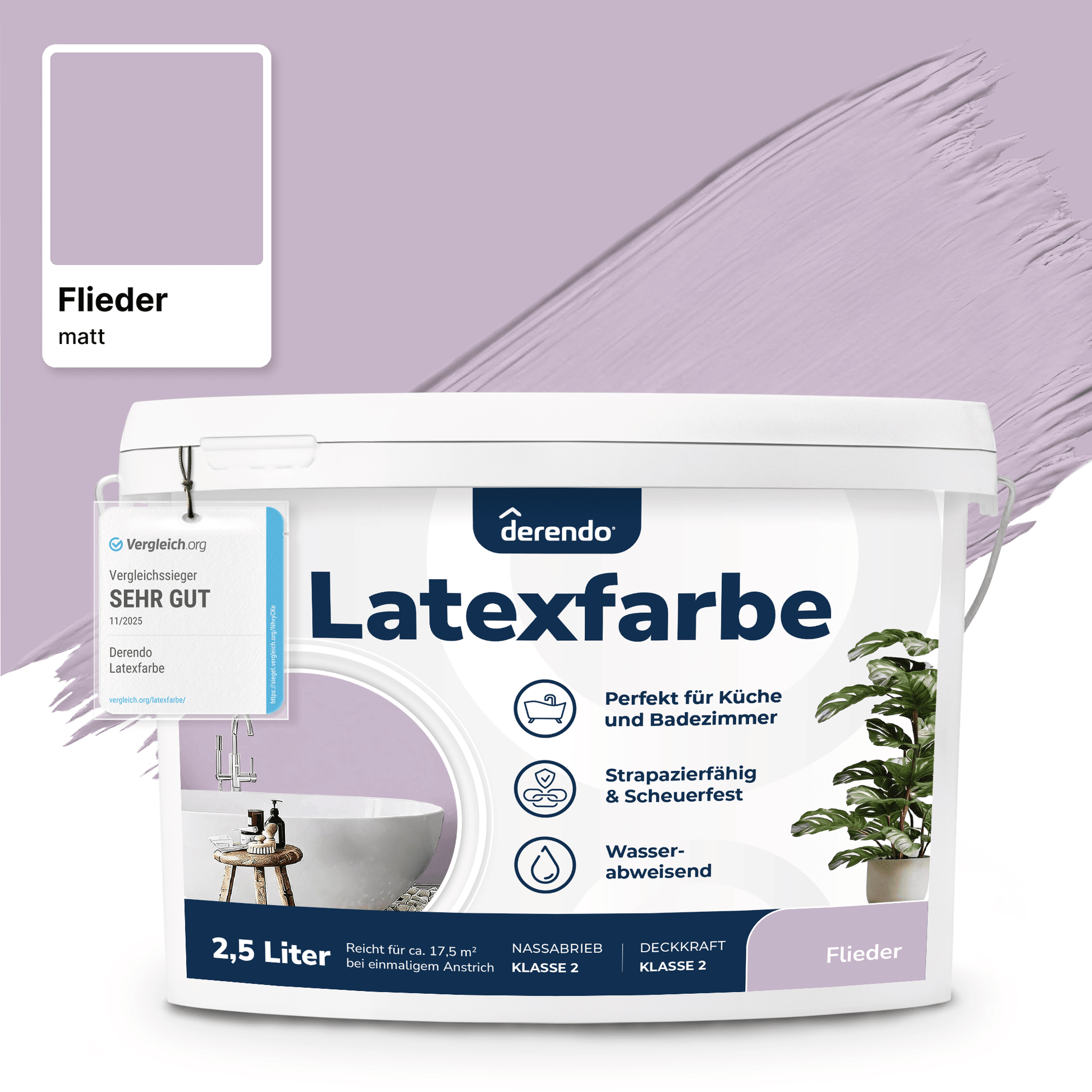 Derendo Wandfarbe Latexfarbe Flieder Matt abwaschbar in 2.5 Liter – Produktbild von Derendo