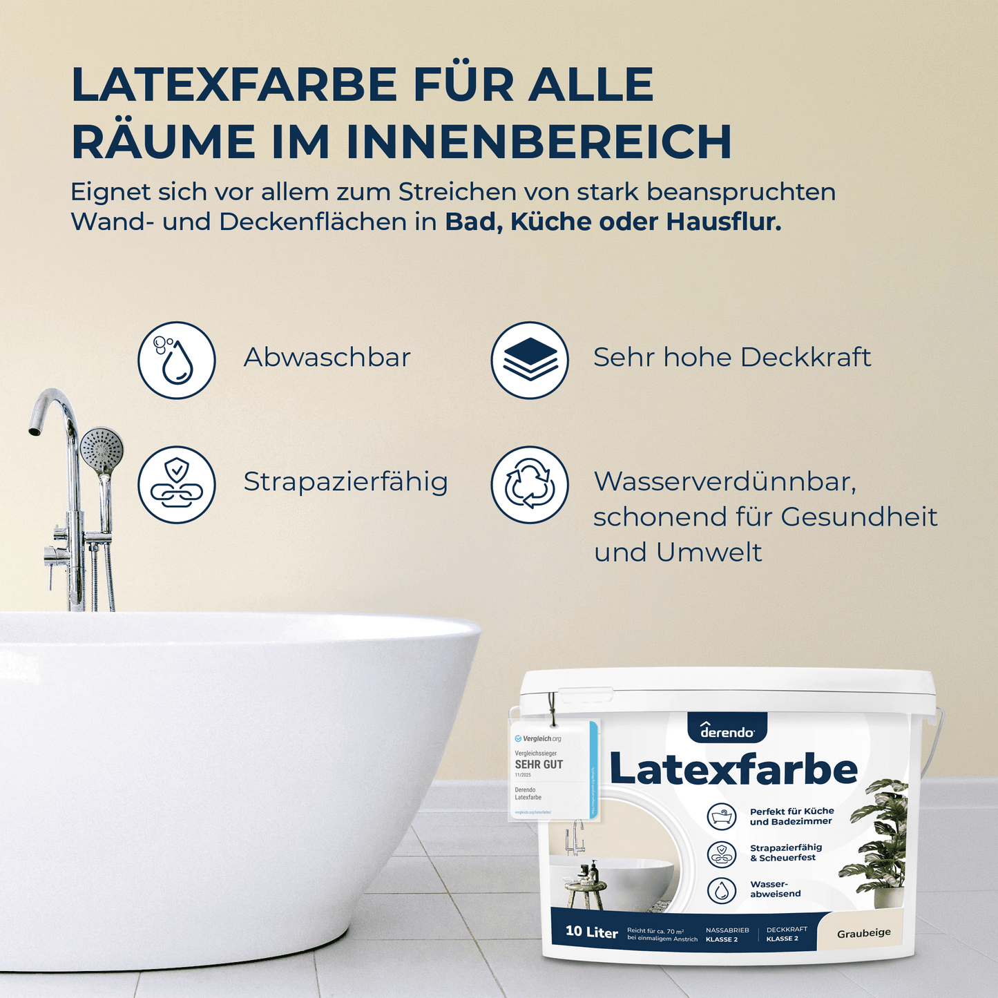 Derendo Wandfarbe Latexfarbe Graubeige Matt abwaschbar in 10 Liter – Produktbild von Derendo