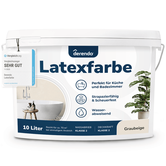 Derendo Wandfarbe Latexfarbe Graubeige Matt abwaschbar in 10 Liter – Produktbild von Derendo