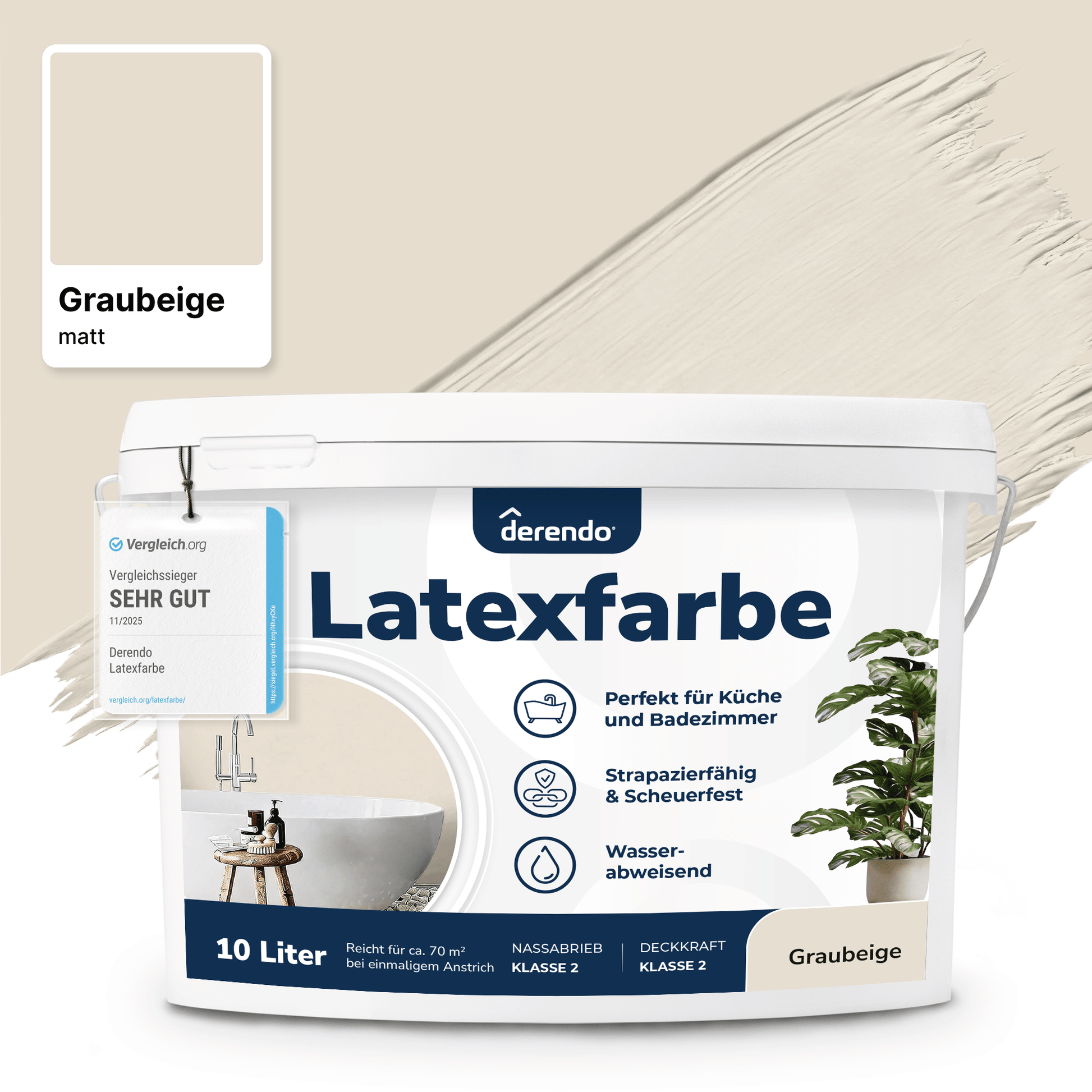 Derendo Wandfarbe Latexfarbe Graubeige Matt abwaschbar in 2.5 Liter – Produktbild von Derendo
