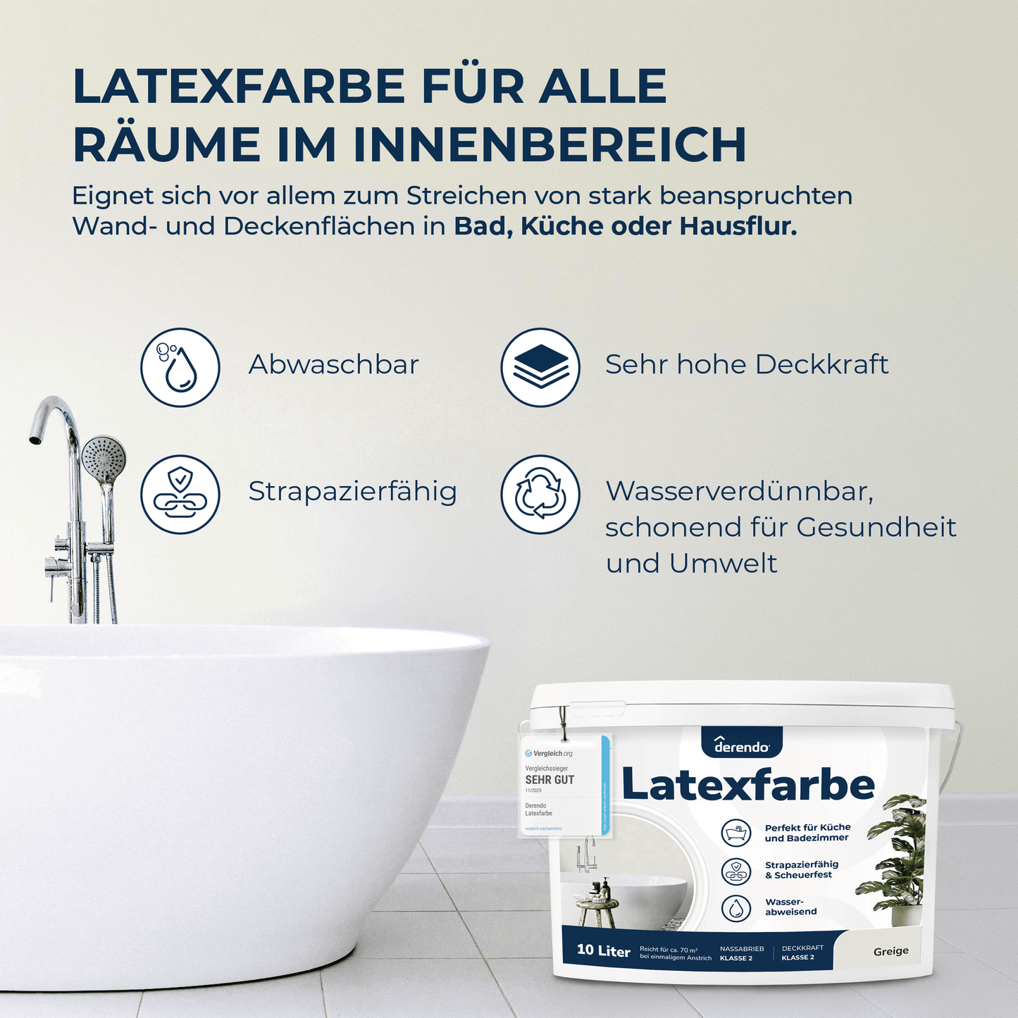 Derendo Wandfarbe Latexfarbe Greige Matt abwaschbar in 10 Liter – Produktbild von Derendo
