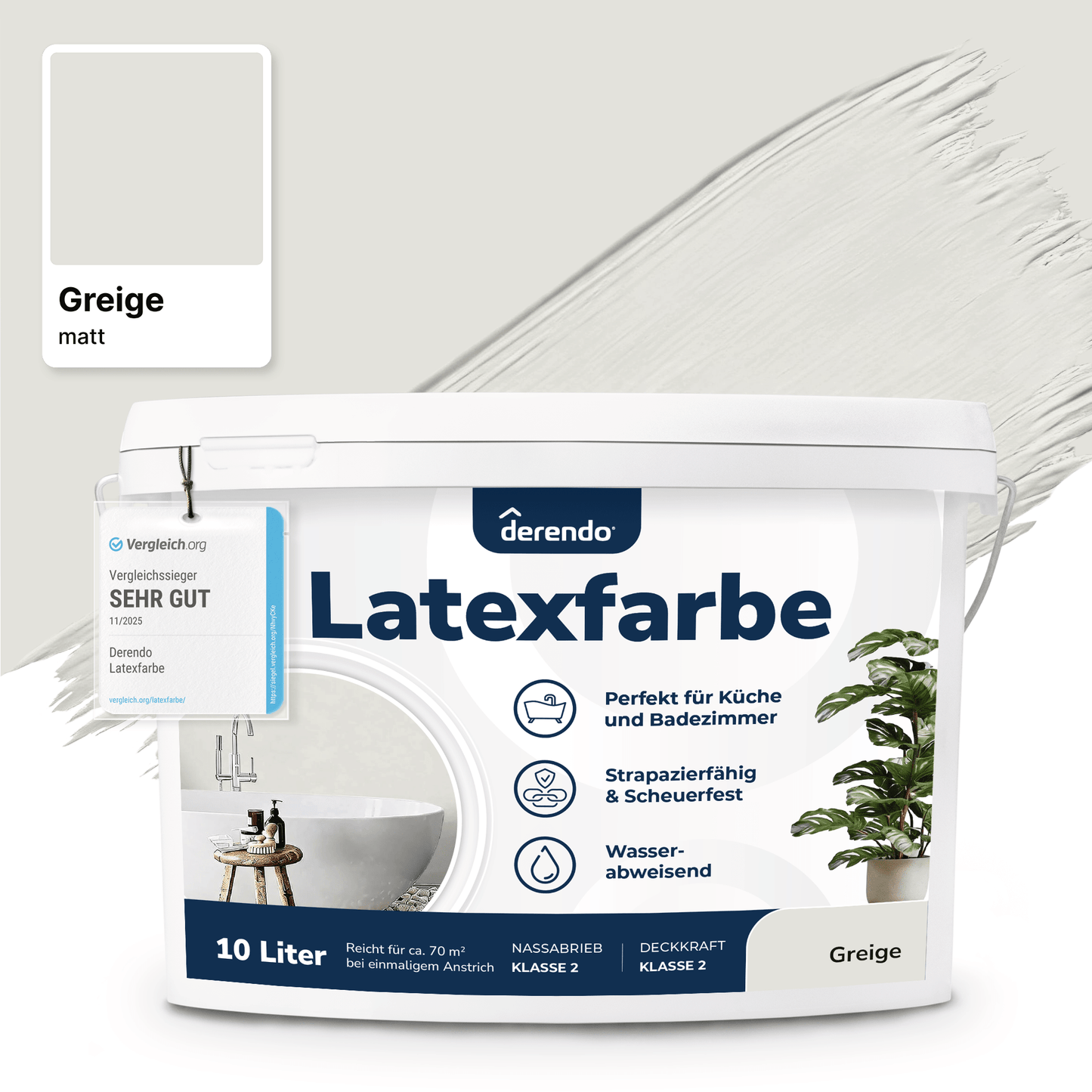 Derendo Wandfarbe Latexfarbe Greige Matt abwaschbar in 2.5 Liter – Produktbild von Derendo