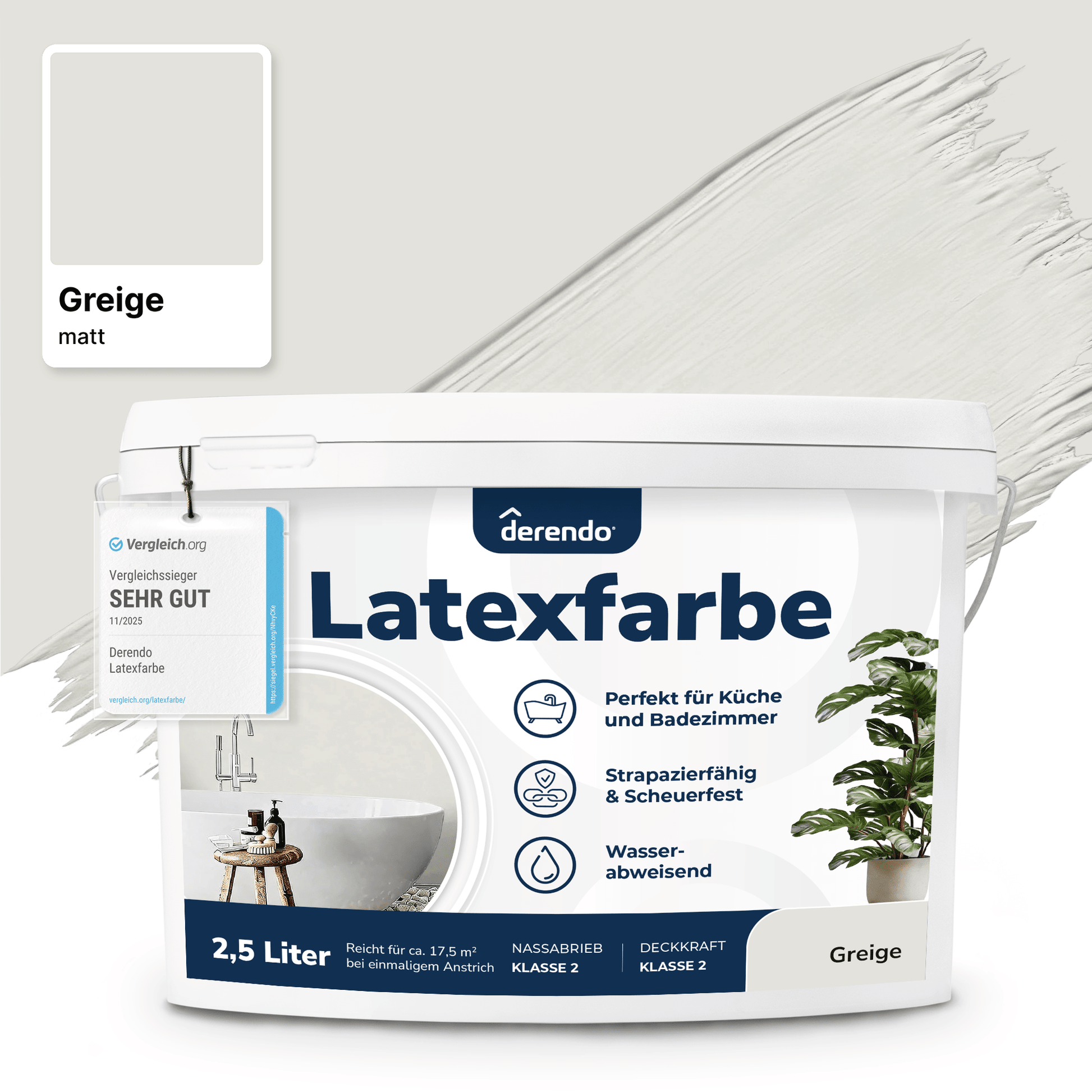 Derendo Wandfarbe Latexfarbe Greige Matt abwaschbar in 2.5 Liter – Produktbild von Derendo