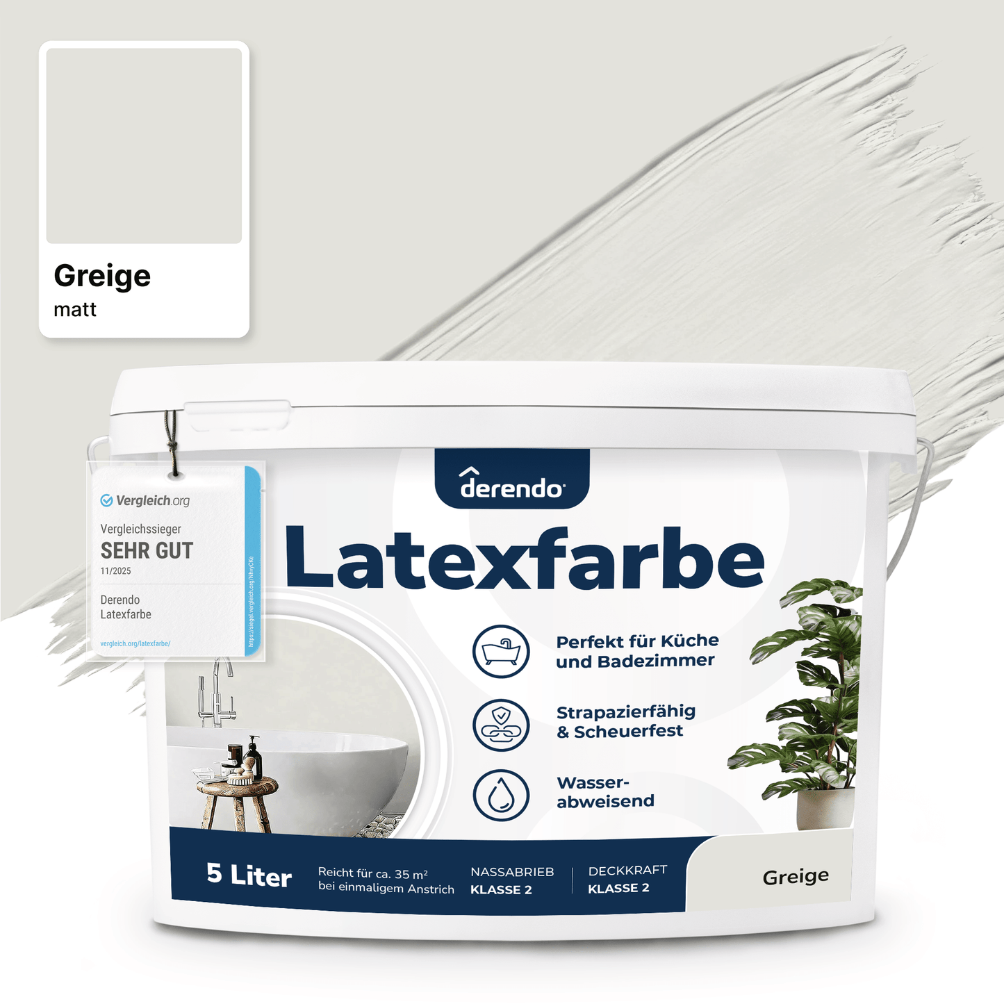 Derendo Wandfarbe Latexfarbe Greige Matt abwaschbar in 5 Liter – Produktbild von Derendo