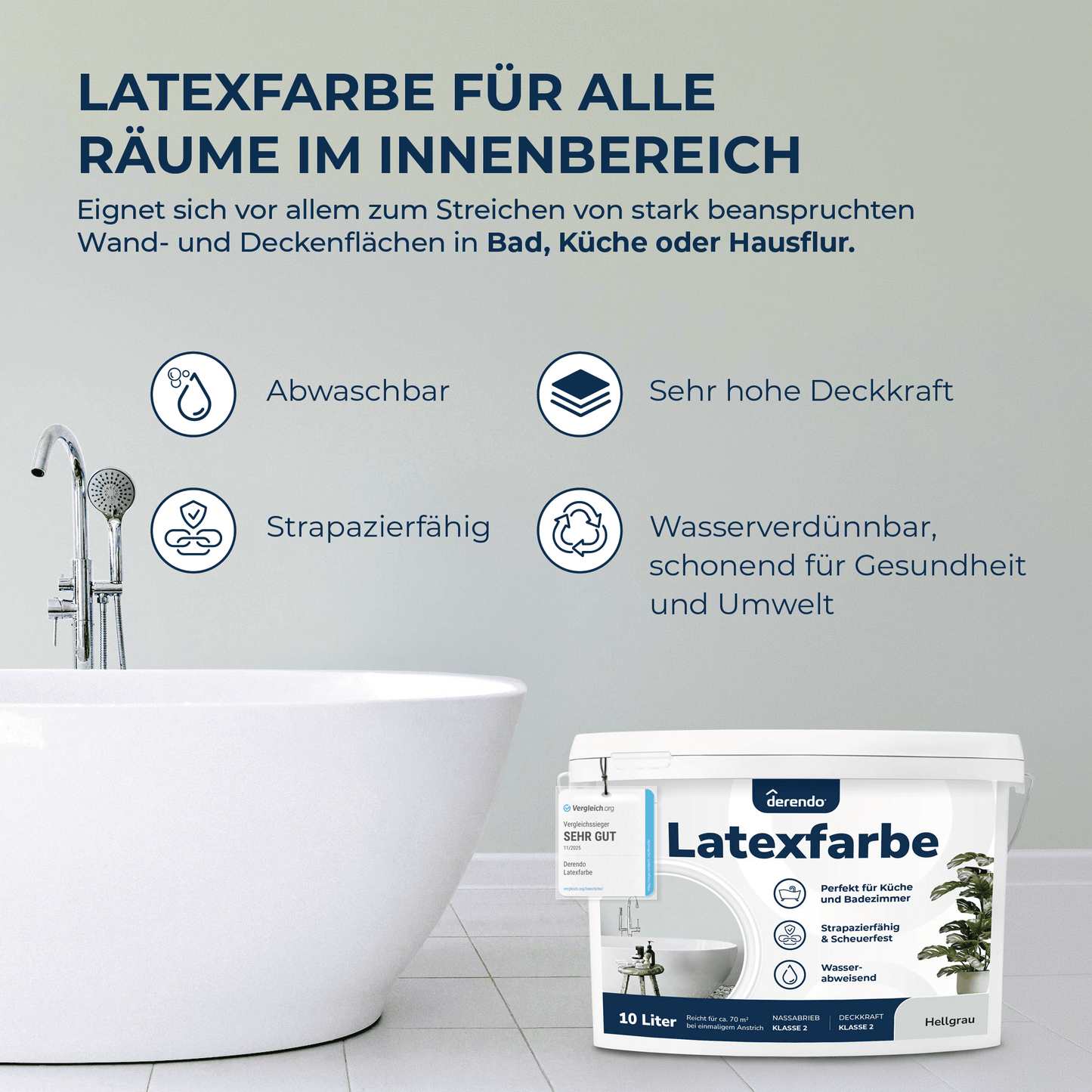 Derendo Wandfarbe Latexfarbe Hellgrau Matt abwaschbar in 10 Liter – Produktbild von Derendo