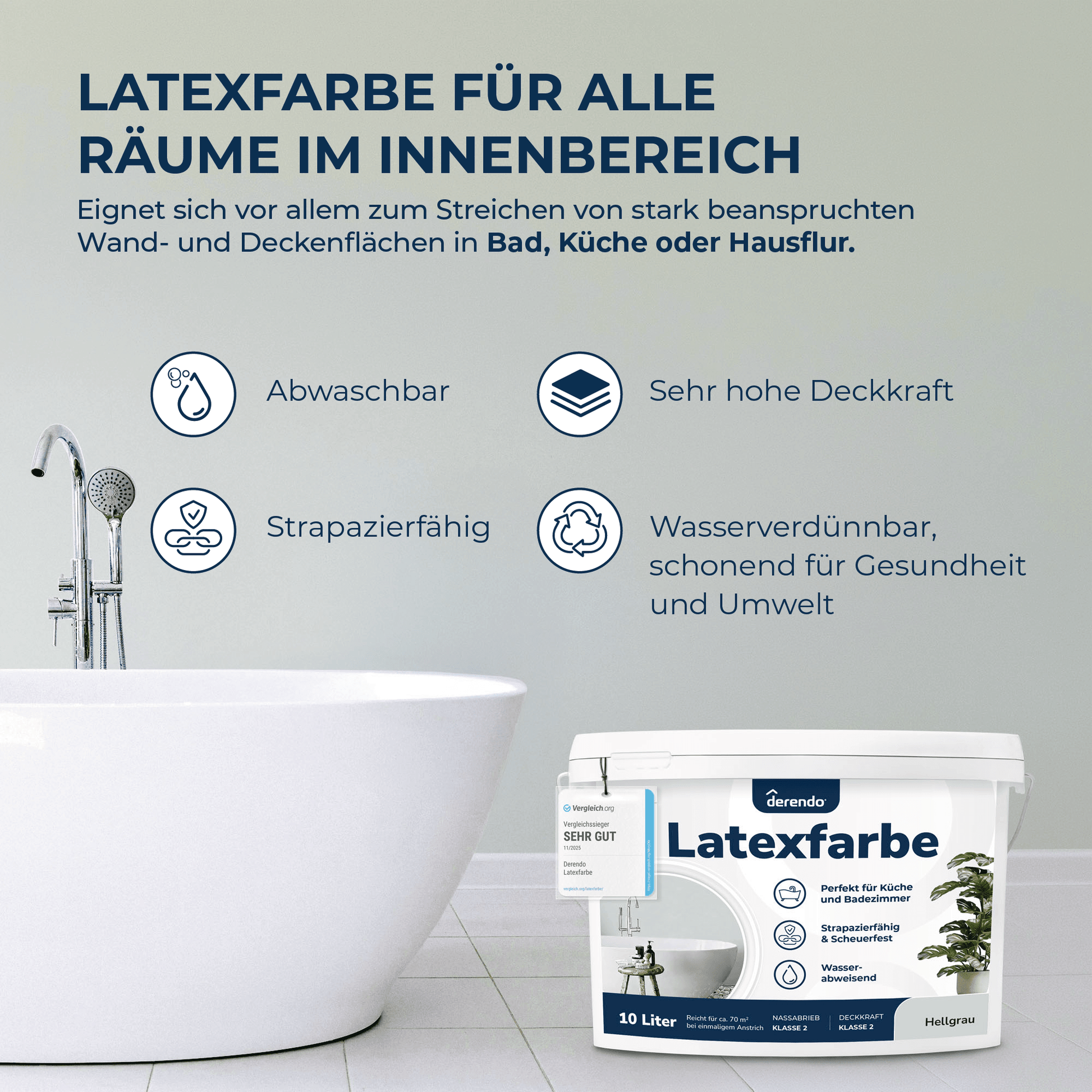 Derendo Wandfarbe Latexfarbe Hellgrau Matt abwaschbar in 10 Liter – Produktbild von Derendo