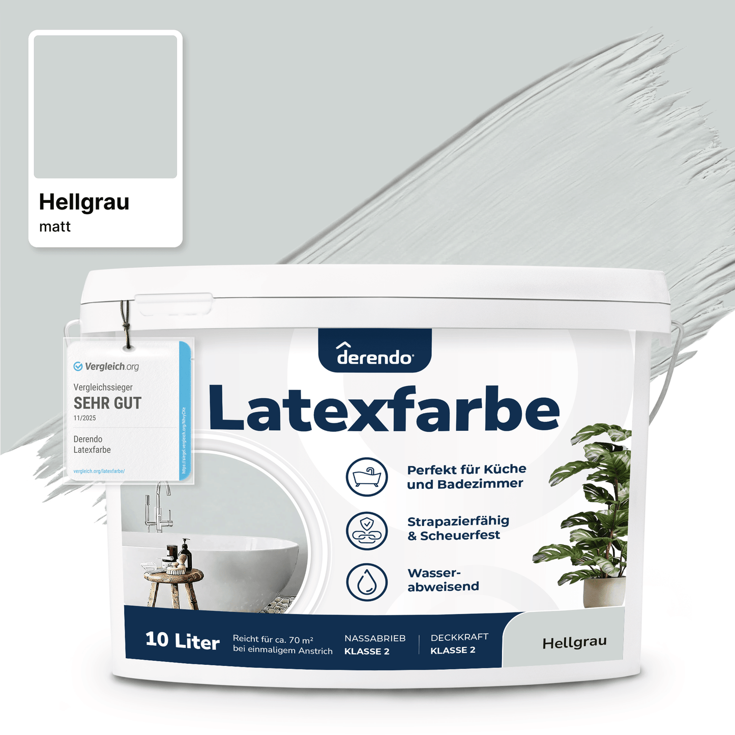 Derendo Wandfarbe Latexfarbe Hellgrau Matt abwaschbar in 10 Liter – Produktbild von Derendo