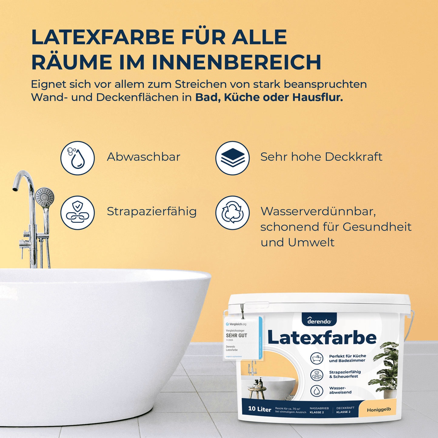 Derendo Wandfarbe Latexfarbe Honiggelb Matt abwaschbar in 10 Liter – Produktbild von Derendo