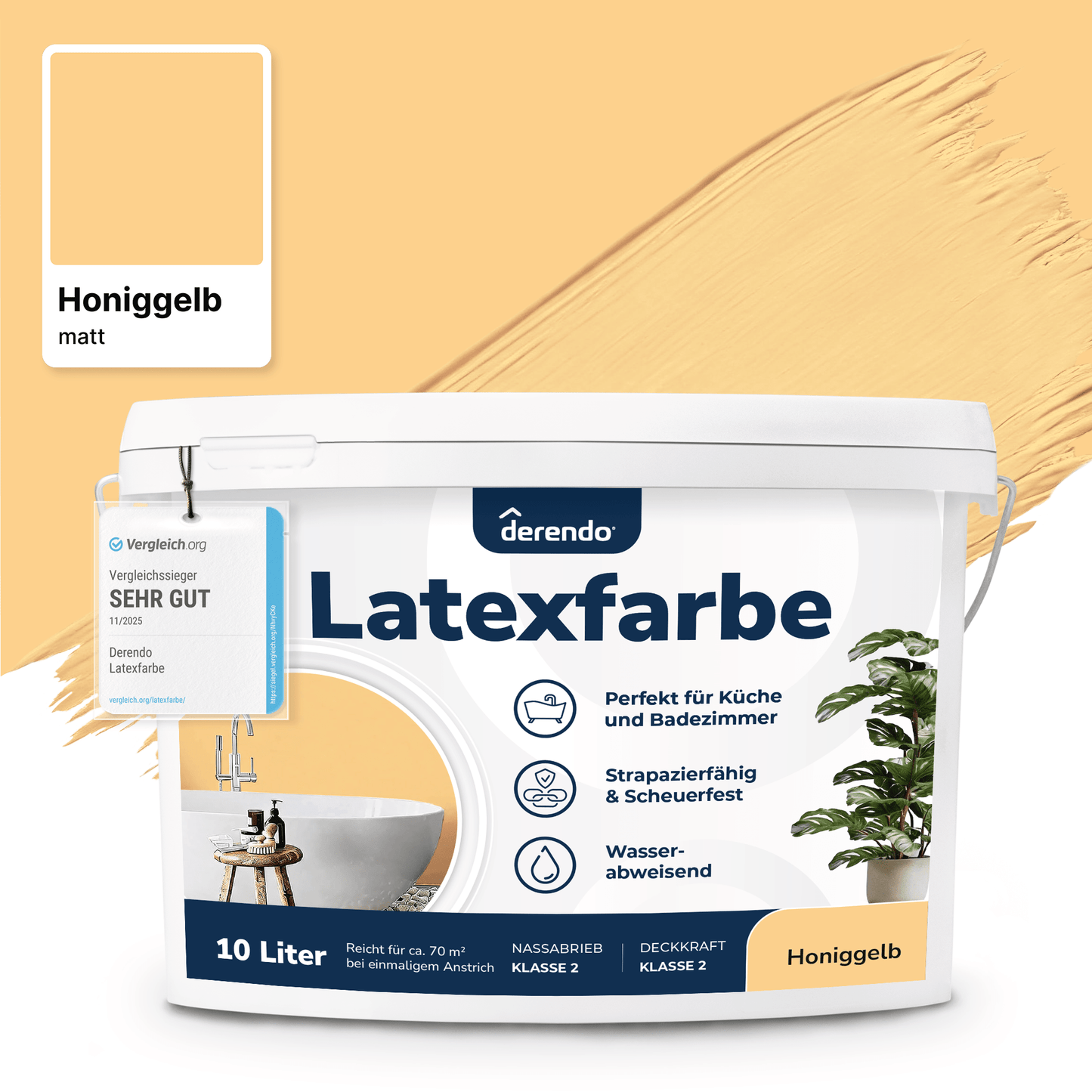 Derendo Wandfarbe Latexfarbe Honiggelb Matt abwaschbar in 2.5 Liter – Produktbild von Derendo