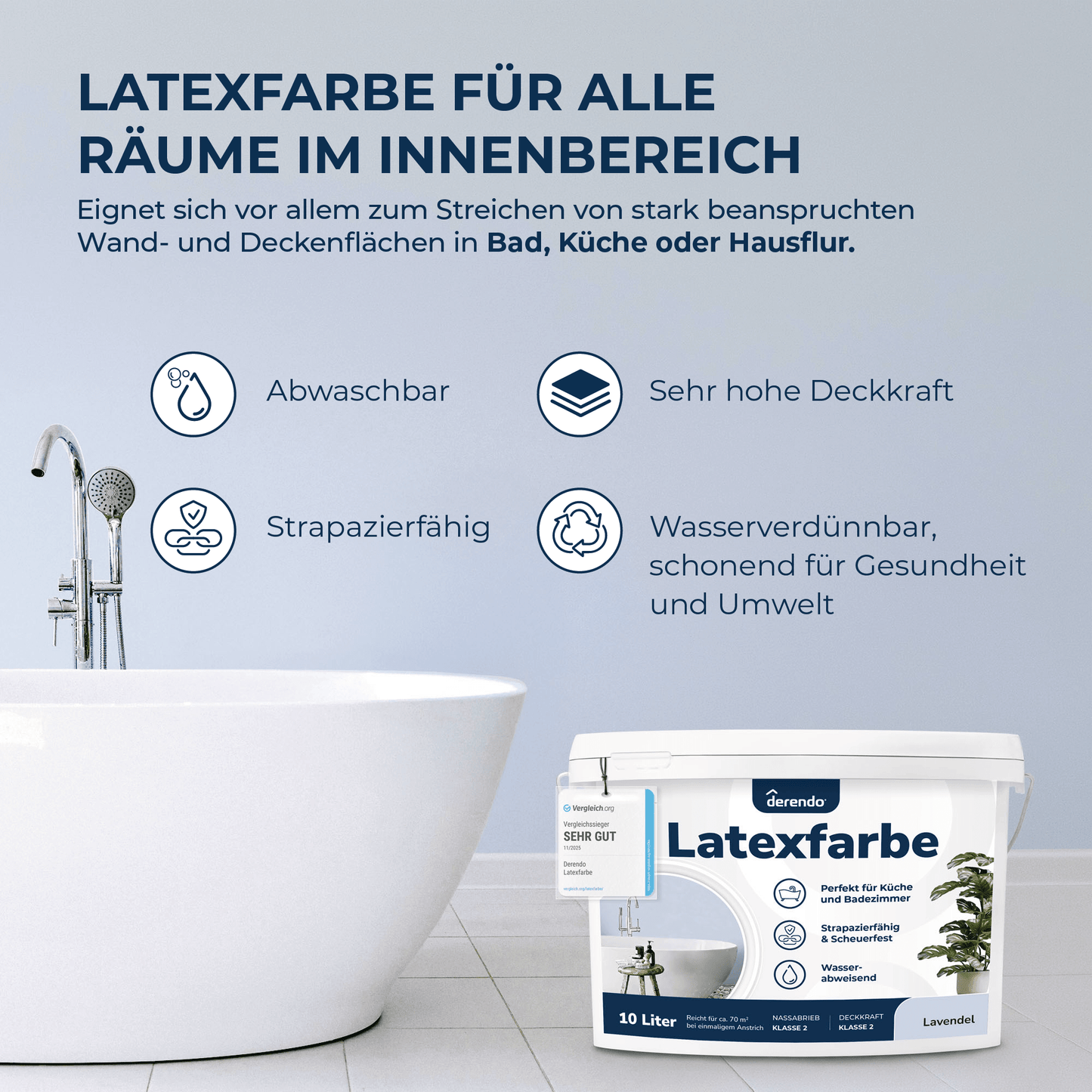 Derendo Wandfarbe Latexfarbe Lavendel Matt abwaschbar in 10 Liter – Produktbild von Derendo