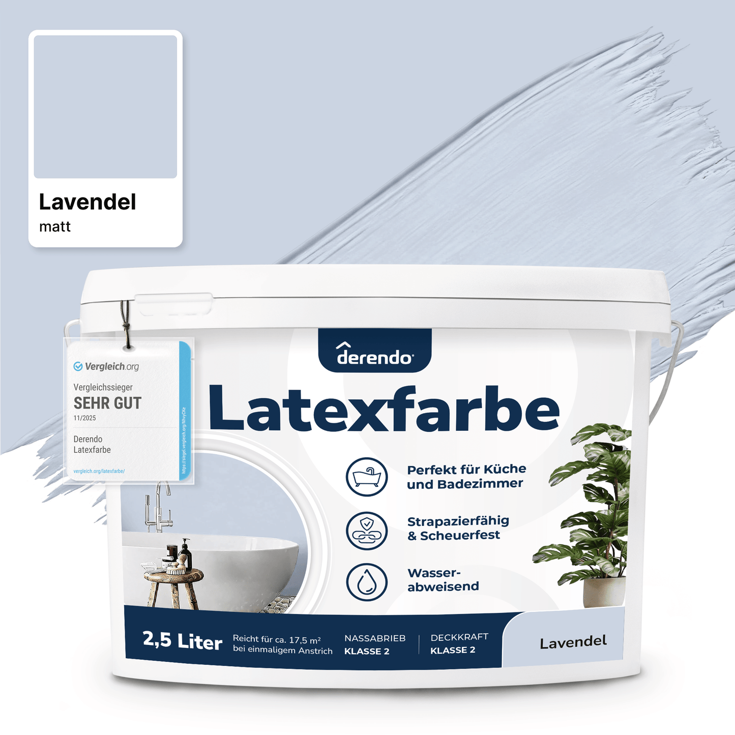 Derendo Wandfarbe Latexfarbe Lavendel Matt abwaschbar in 2.5 Liter – Produktbild von Derendo