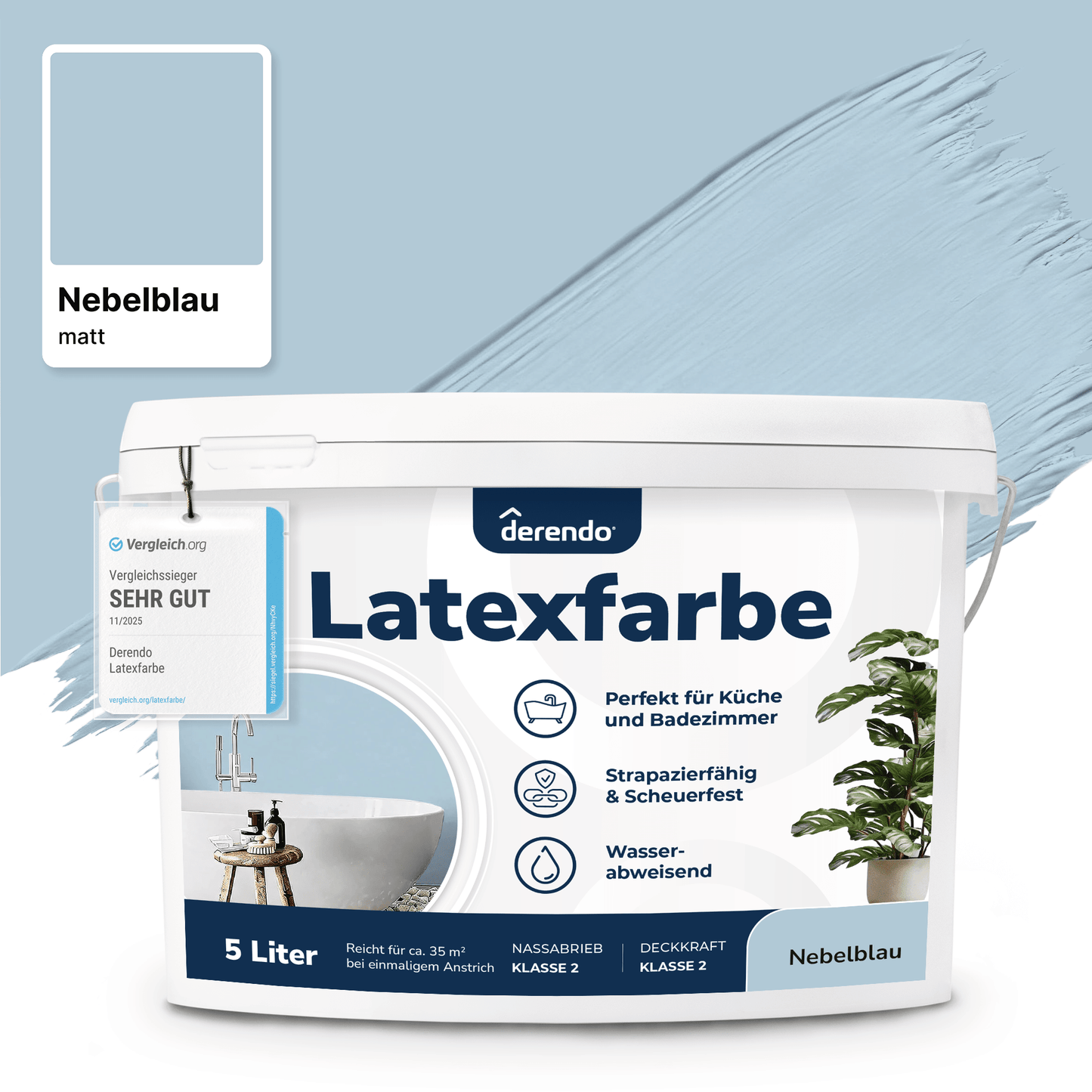 Derendo Wandfarbe Latexfarbe Nebelblau Matt abwaschbar in 5 Liter – Produktbild von Derendo