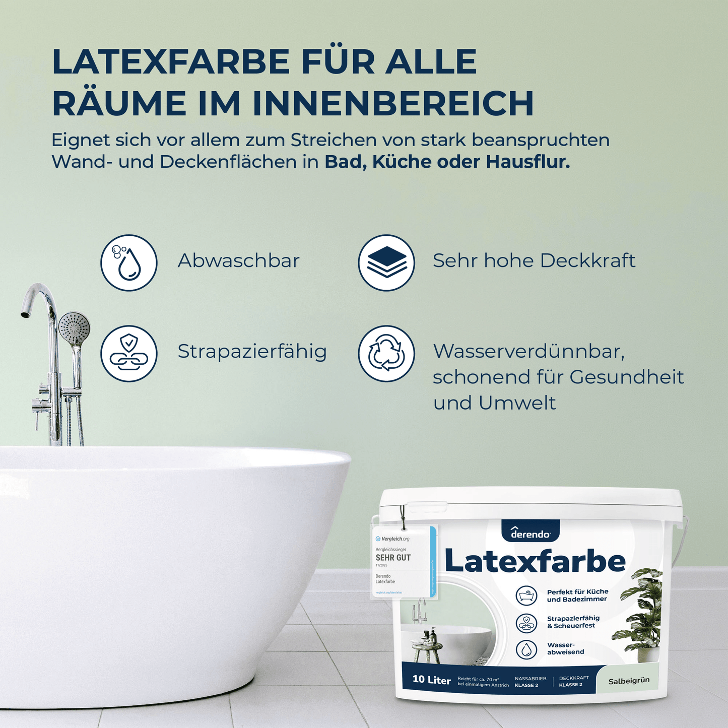 Derendo Wandfarbe Latexfarbe Salbeigrün Matt abwaschbar in 10 Liter – Produktbild von Derendo