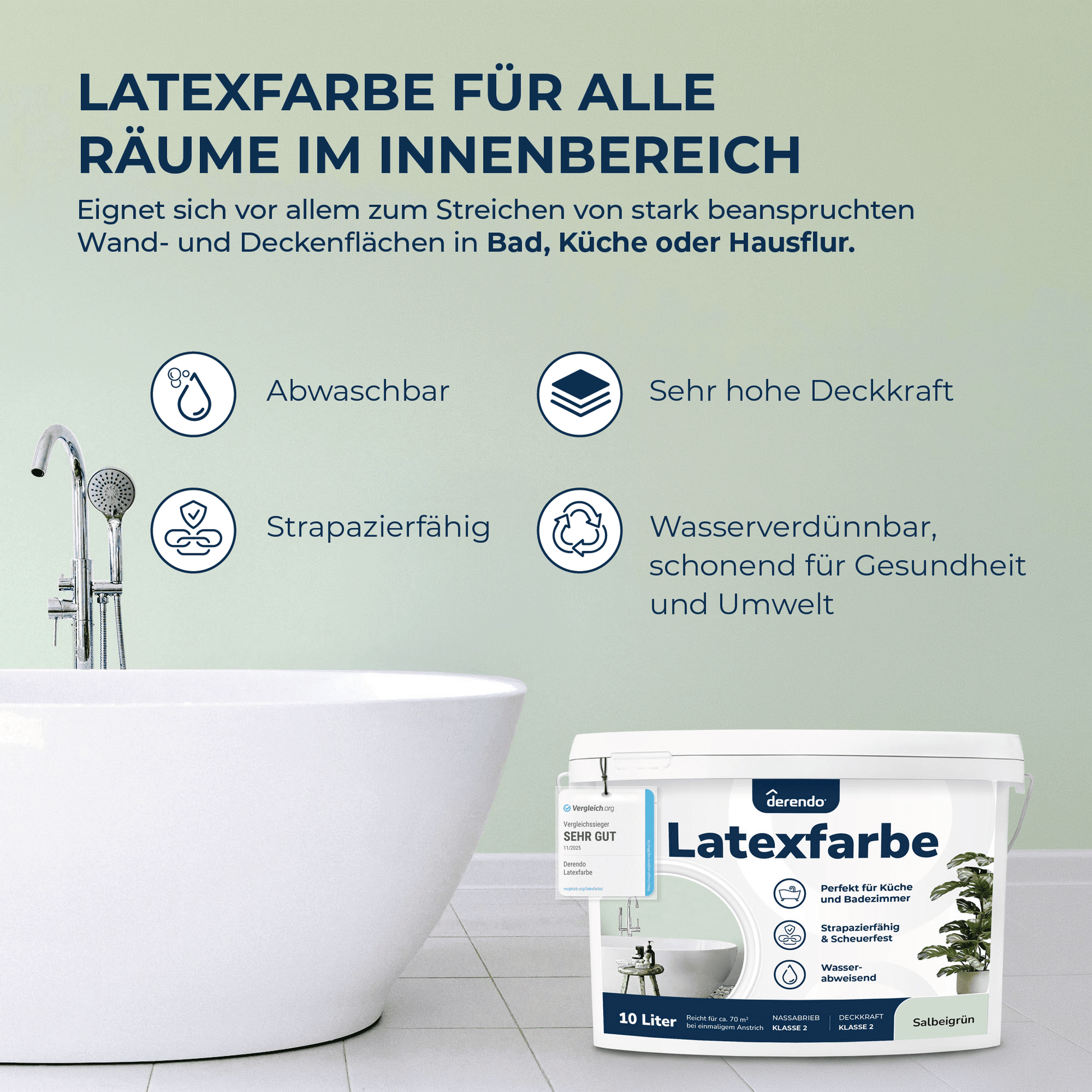 Derendo Wandfarbe Latexfarbe Salbeigrün Matt abwaschbar in 10 Liter – Produktbild von Derendo