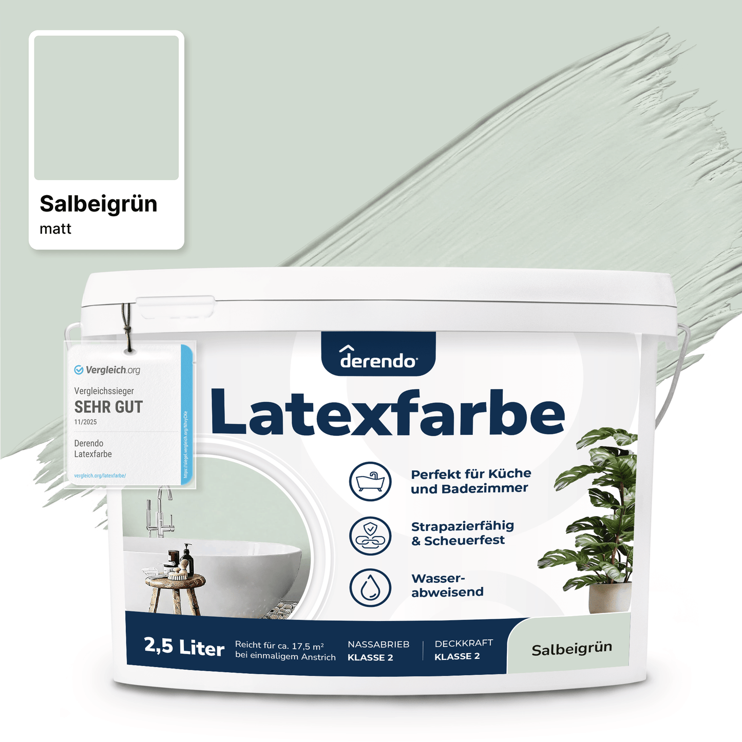Derendo Wandfarbe Latexfarbe Salbeigrün Matt abwaschbar in 2.5 Liter – Produktbild von Derendo