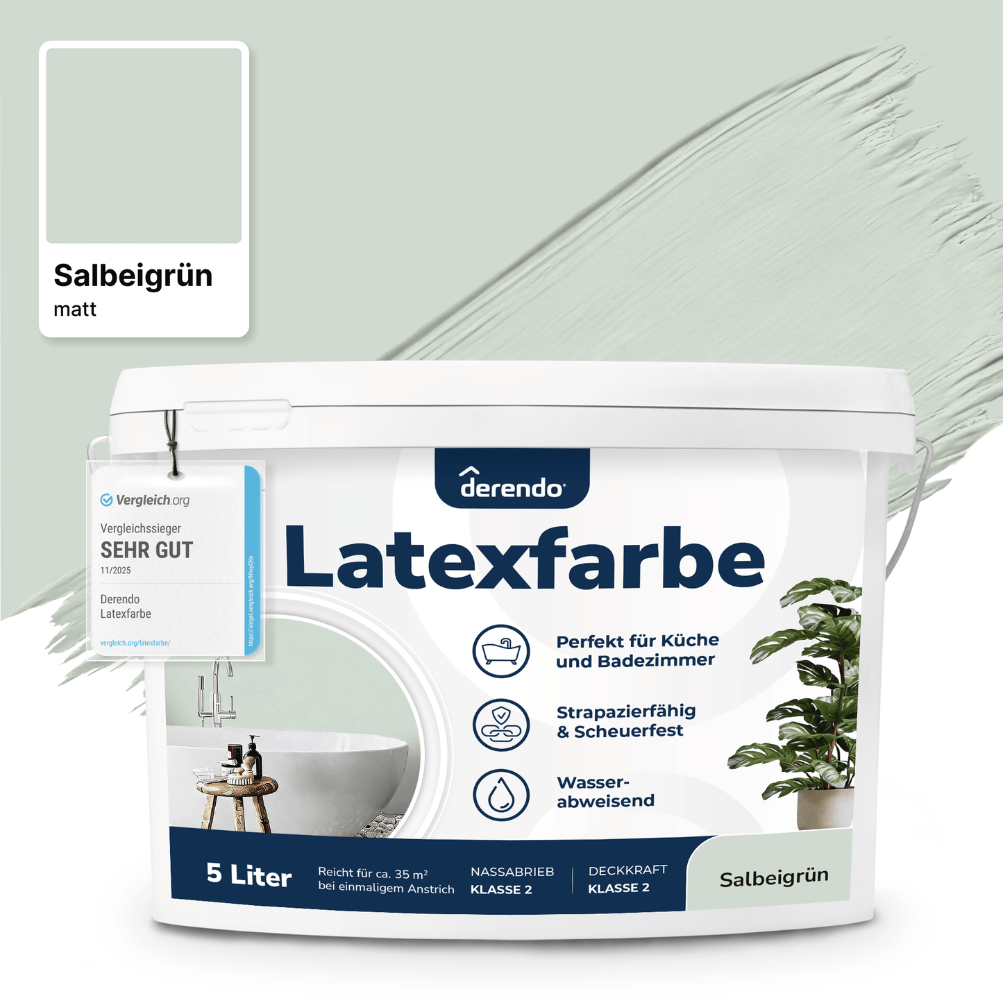Derendo Wandfarbe Latexfarbe Salbeigrün Matt abwaschbar in 5 Liter – Produktbild von Derendo