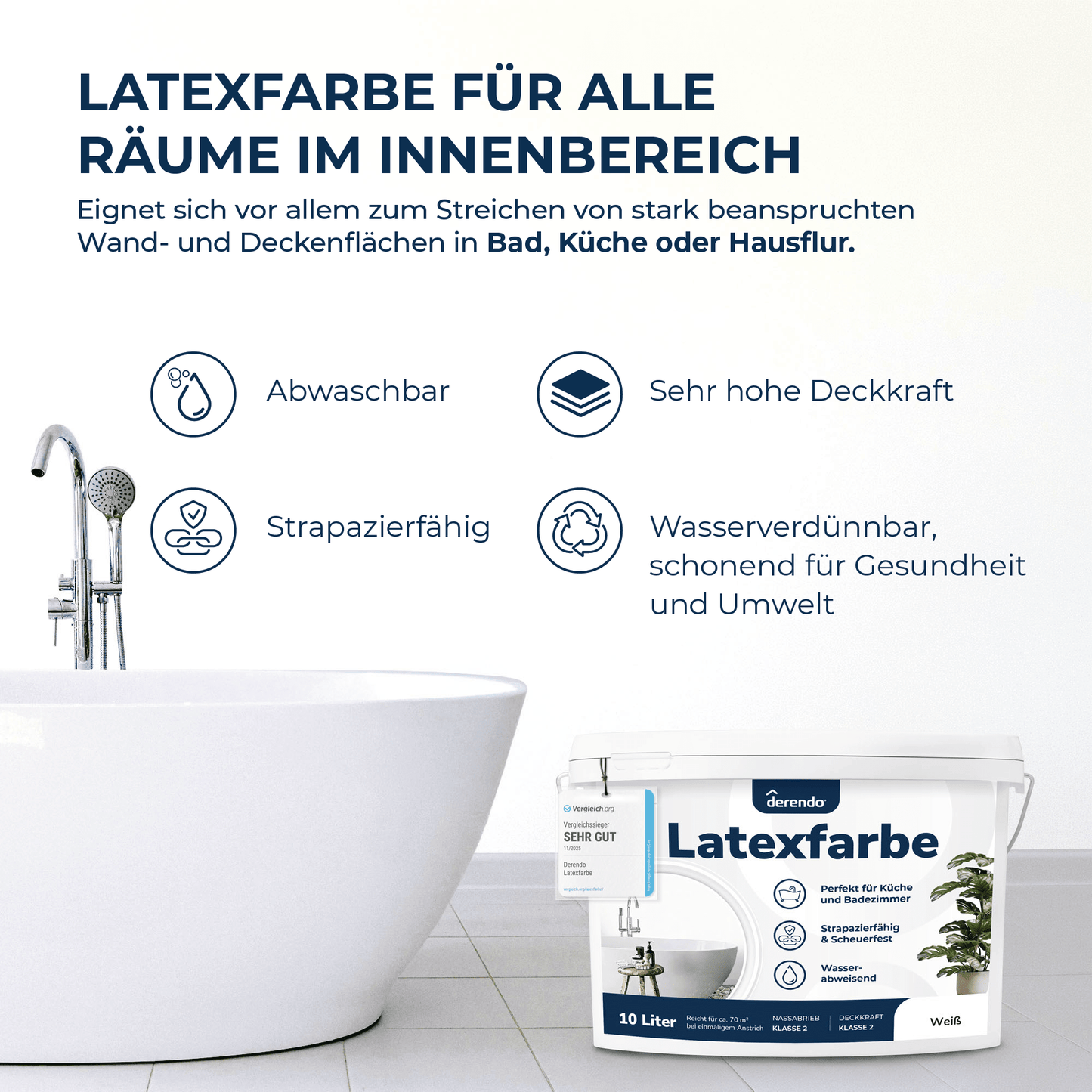 Derendo Wandfarbe Latexfarbe Weiß Matt abwaschbar in 10 Liter – Produktbild von Derendo