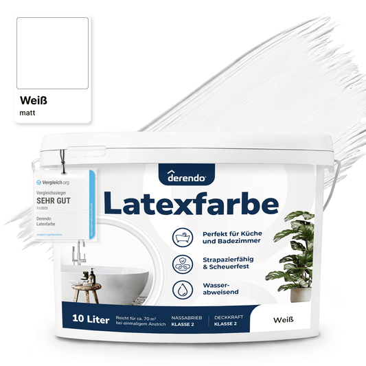 Derendo Wandfarbe Latexfarbe Weiß Matt abwaschbar in 2.5 Liter – Produktbild von Derendo