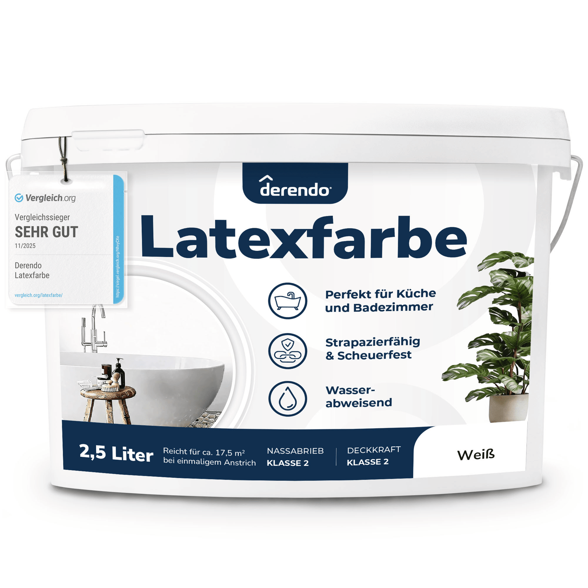 Derendo Wandfarbe Latexfarbe Weiß Matt abwaschbar in 2.5 Liter – Produktbild von Derendo