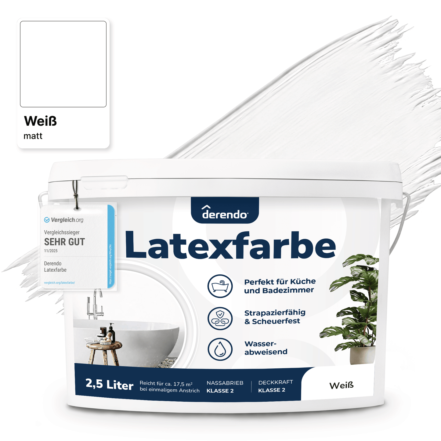 Derendo Wandfarbe Latexfarbe Weiß Matt abwaschbar in 2.5 Liter – Produktbild von Derendo