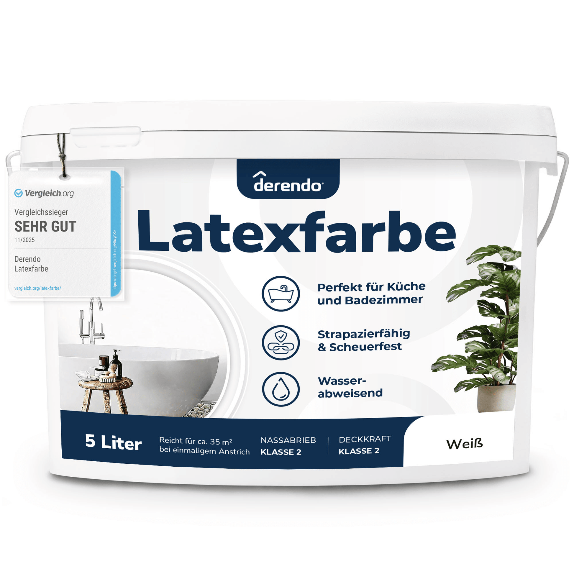 Derendo Wandfarbe Latexfarbe Weiß Matt abwaschbar in 5 Liter – Produktbild von Derendo