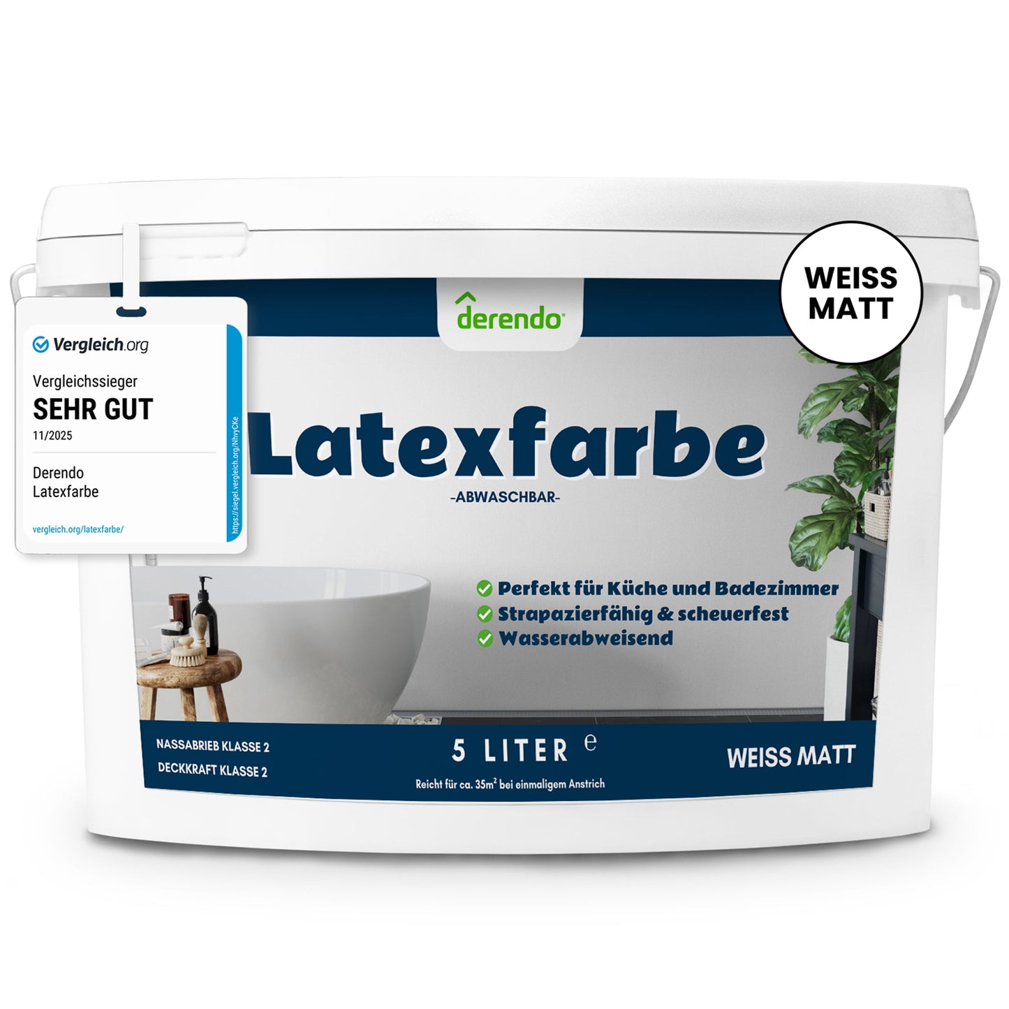 Derendo Wandfarbe Latexfarbe Weiß Matt abwaschbar in 5 Liter – Produktbild von Derendo
