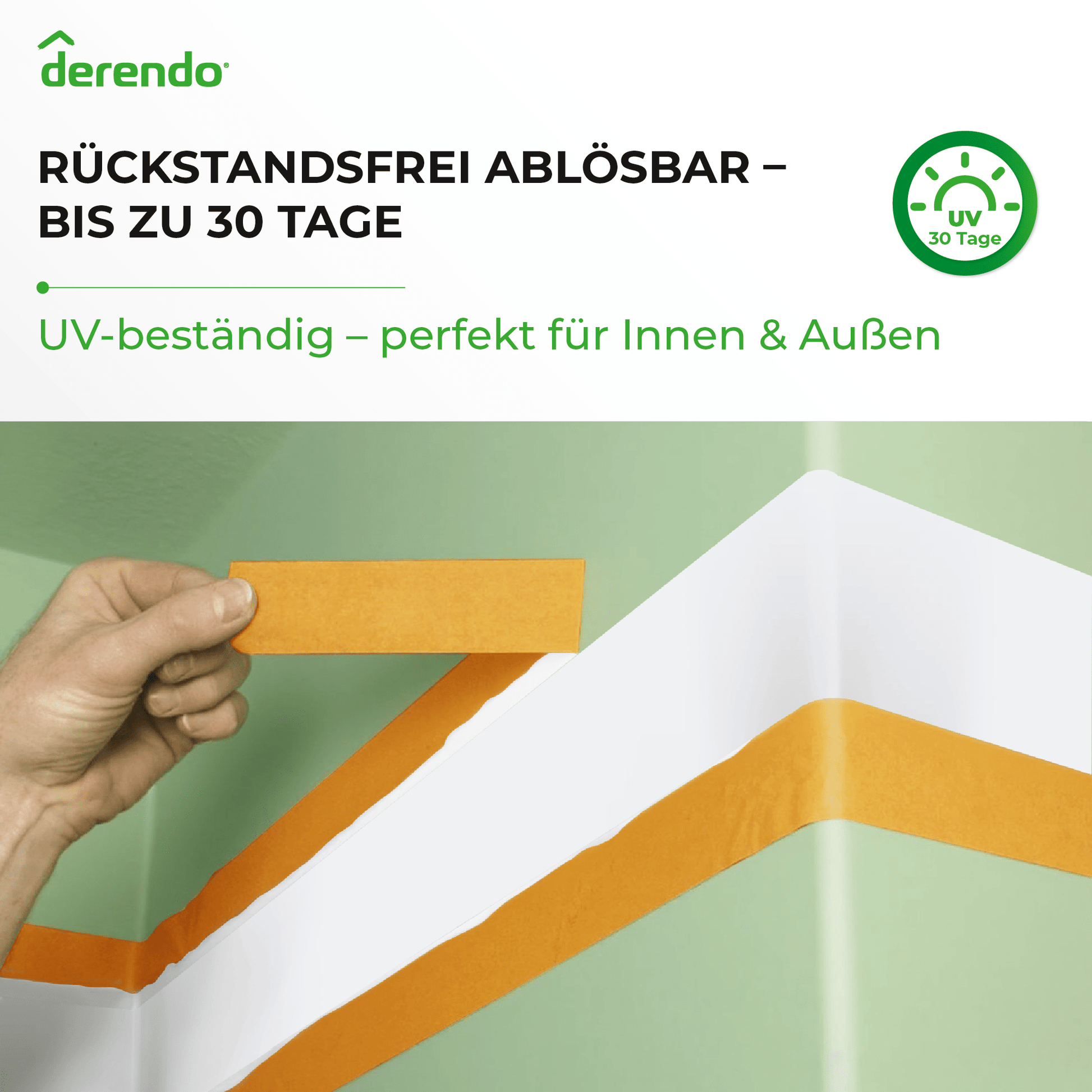 Derendo® Washi Tape Malerkrepp Premium – Goldband für scharfe Farbkanten in 30mm x 50m – Produktbild von Derendo