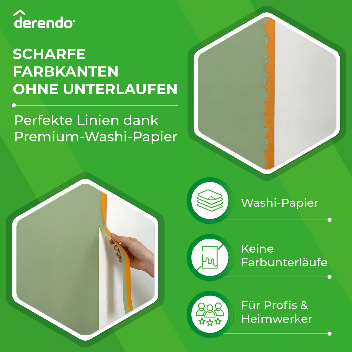 Derendo® Washi Tape Malerkrepp Premium – Goldband für scharfe Farbkanten in 30mm x 50m – Produktbild von Derendo