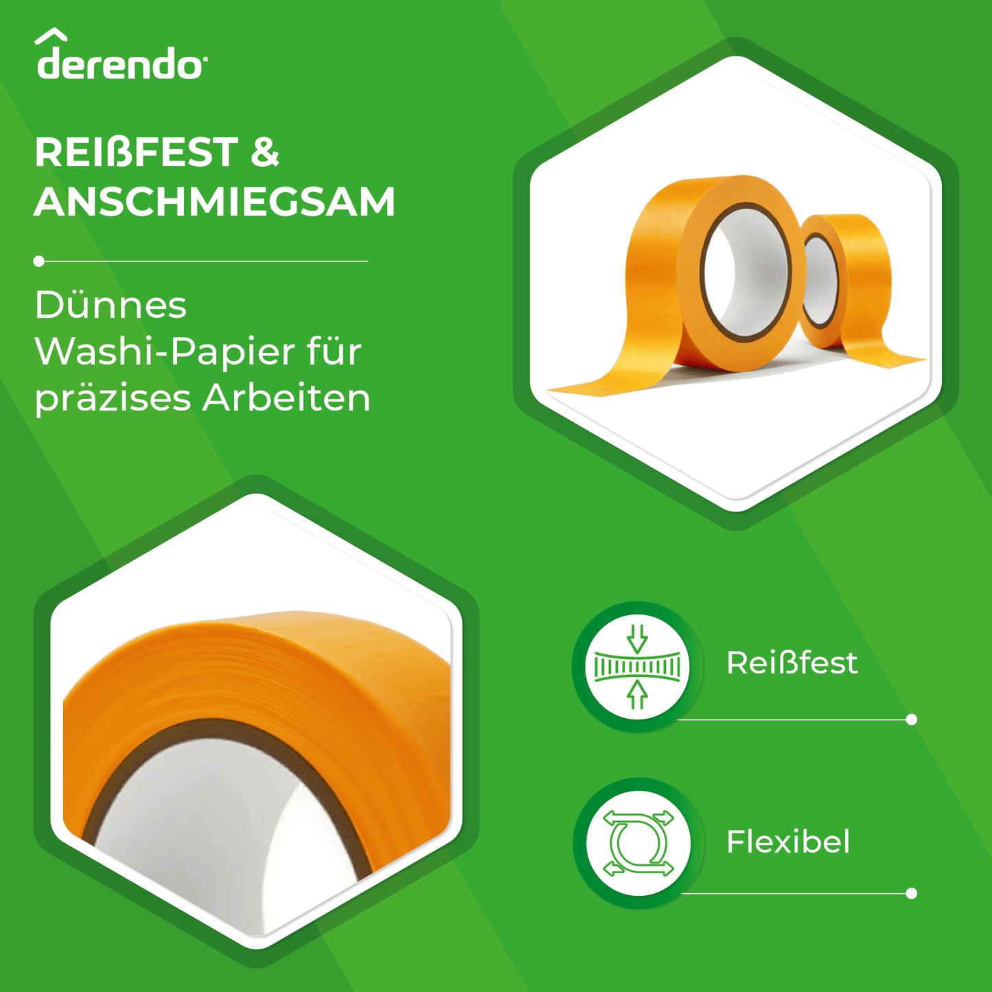 Derendo® Washi Tape Malerkrepp Premium – Goldband für scharfe Farbkanten in 30mm x 50m – Produktbild von Derendo