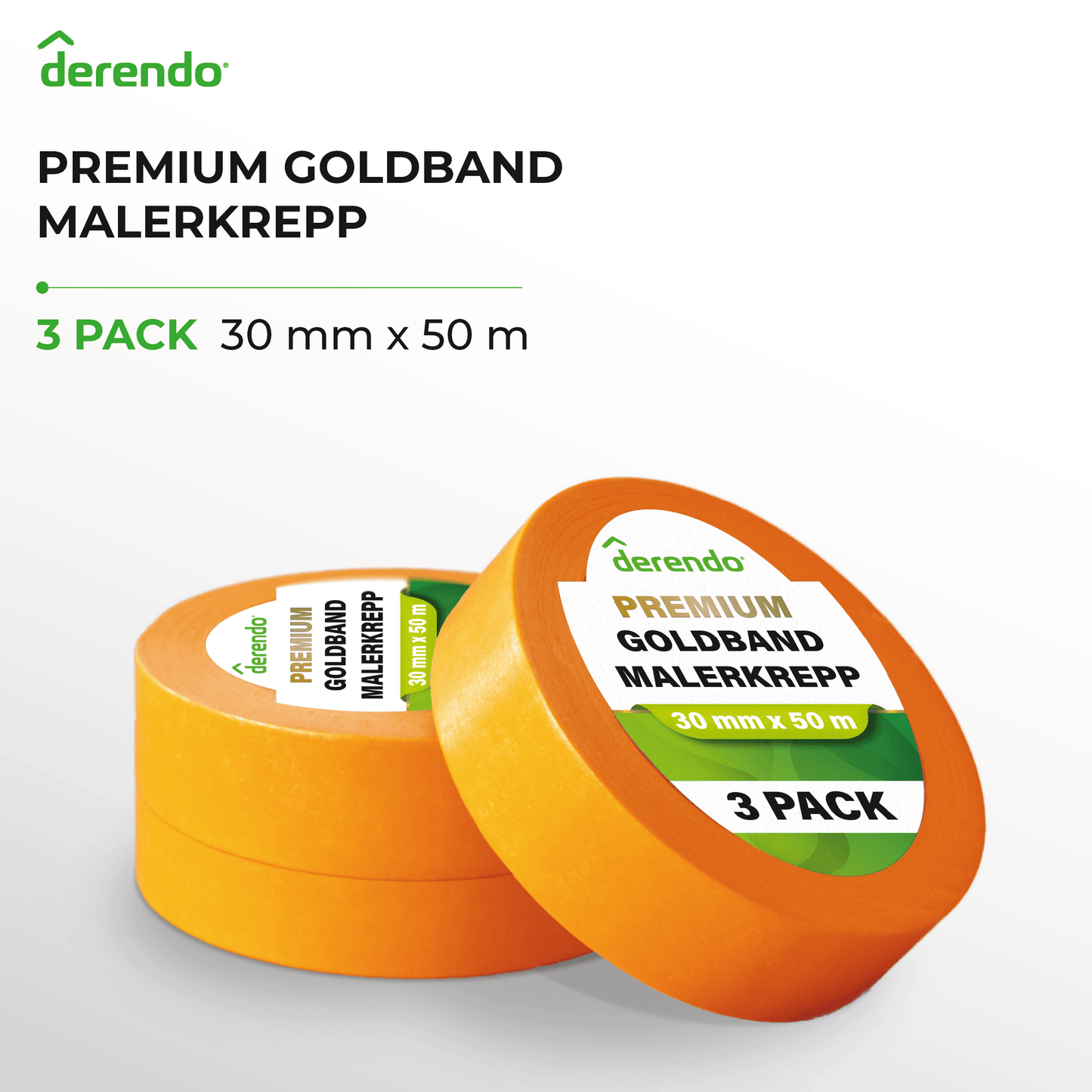Derendo® Washi Tape Malerkrepp Premium – Goldband für scharfe Farbkanten in 30mm x 50m – Produktbild von Derendo