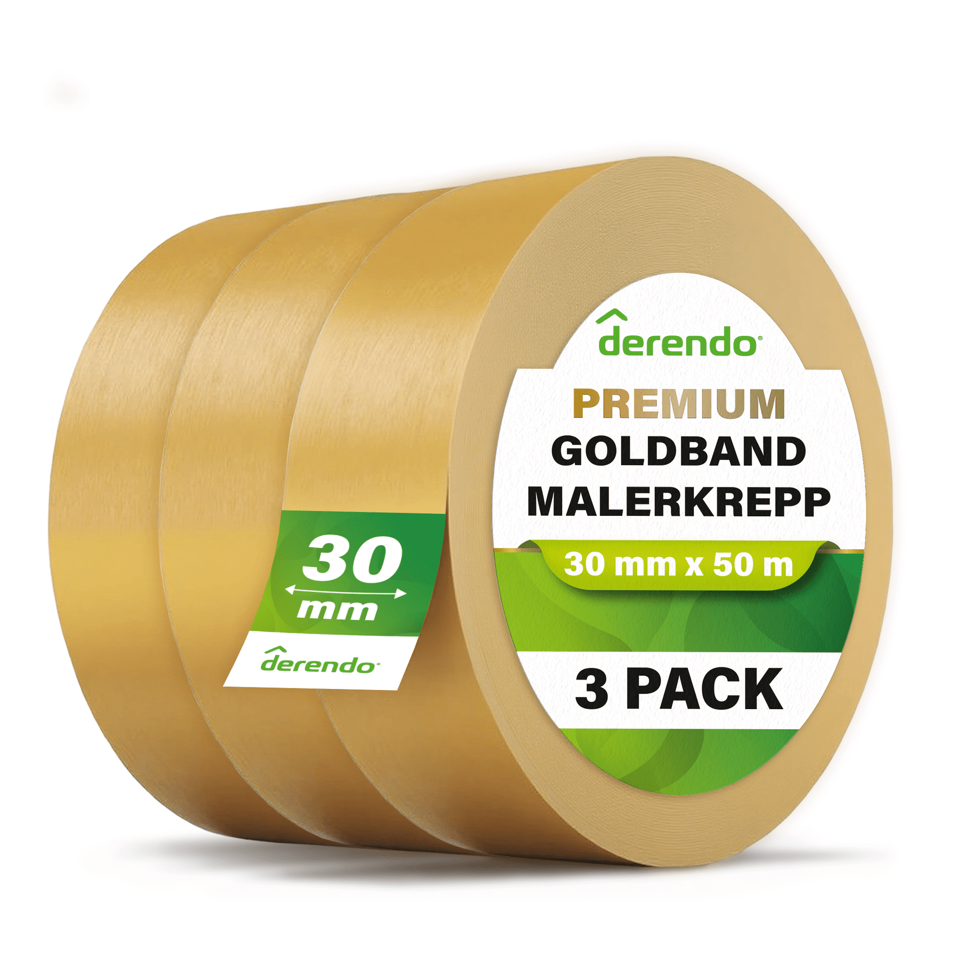 Derendo® Washi Tape Malerkrepp Premium – Goldband für scharfe Farbkanten in 30mm x 50m – Produktbild von Derendo