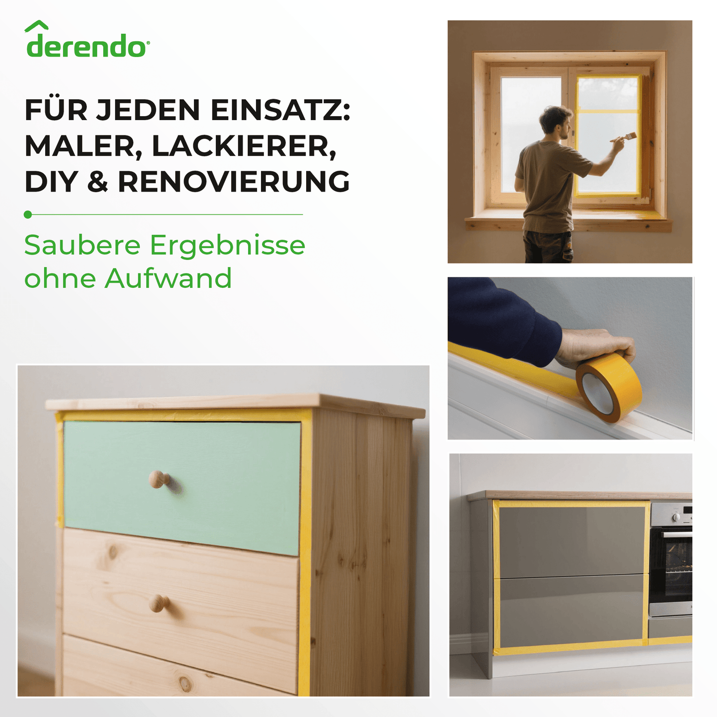 Derendo® Washi Tape Malerkrepp Premium – Goldband für scharfe Farbkanten in 30mm x 50m – Produktbild von Derendo