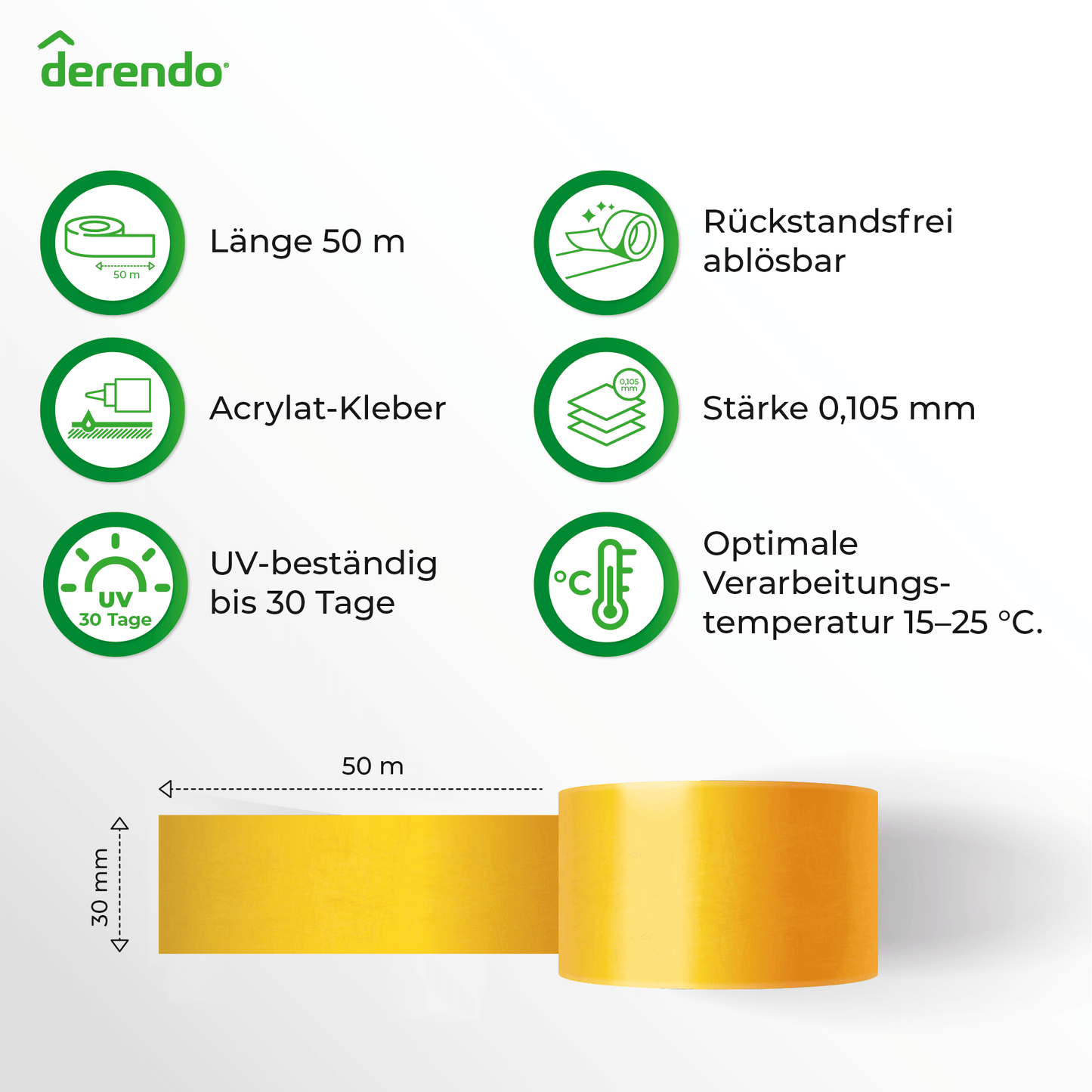 Derendo® Washi Tape Malerkrepp Premium – Goldband für scharfe Farbkanten in 30mm x 50m – Produktbild von Derendo